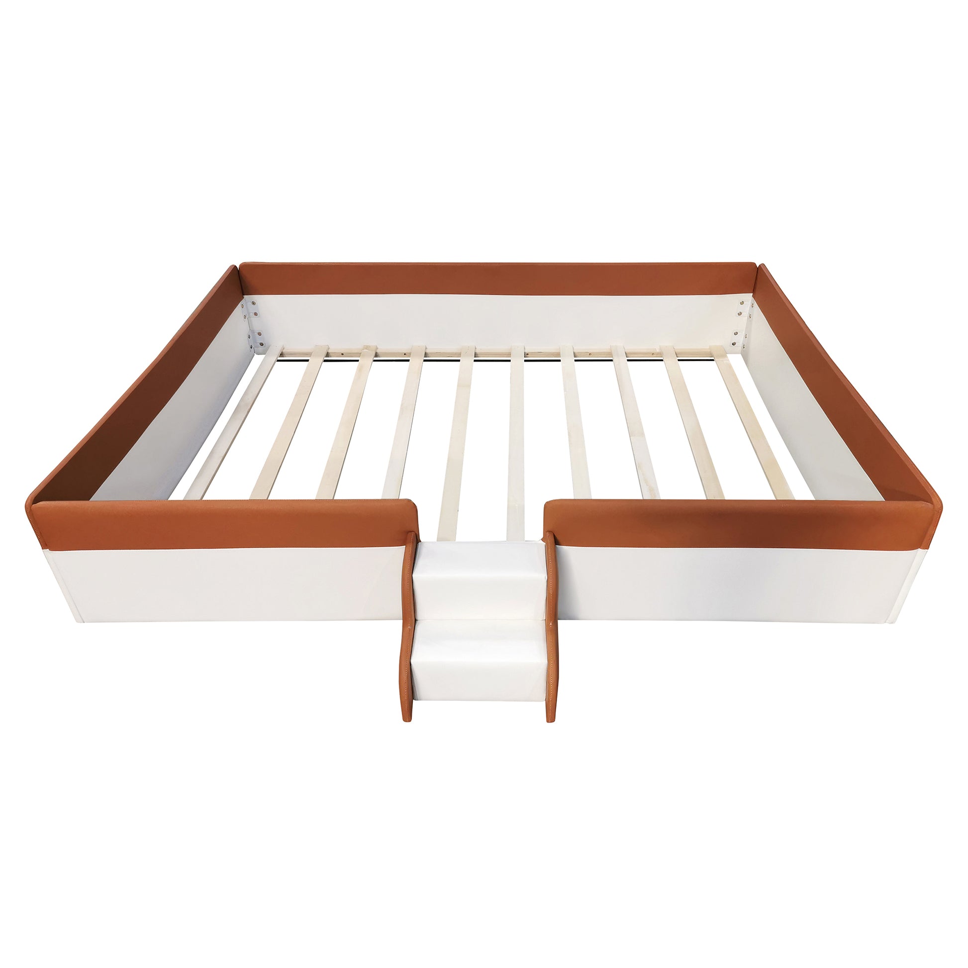 Queen Size Upholstered Daybed Frame With Fence And Stairs, Brown White Queen Brown White Mdf Lvl