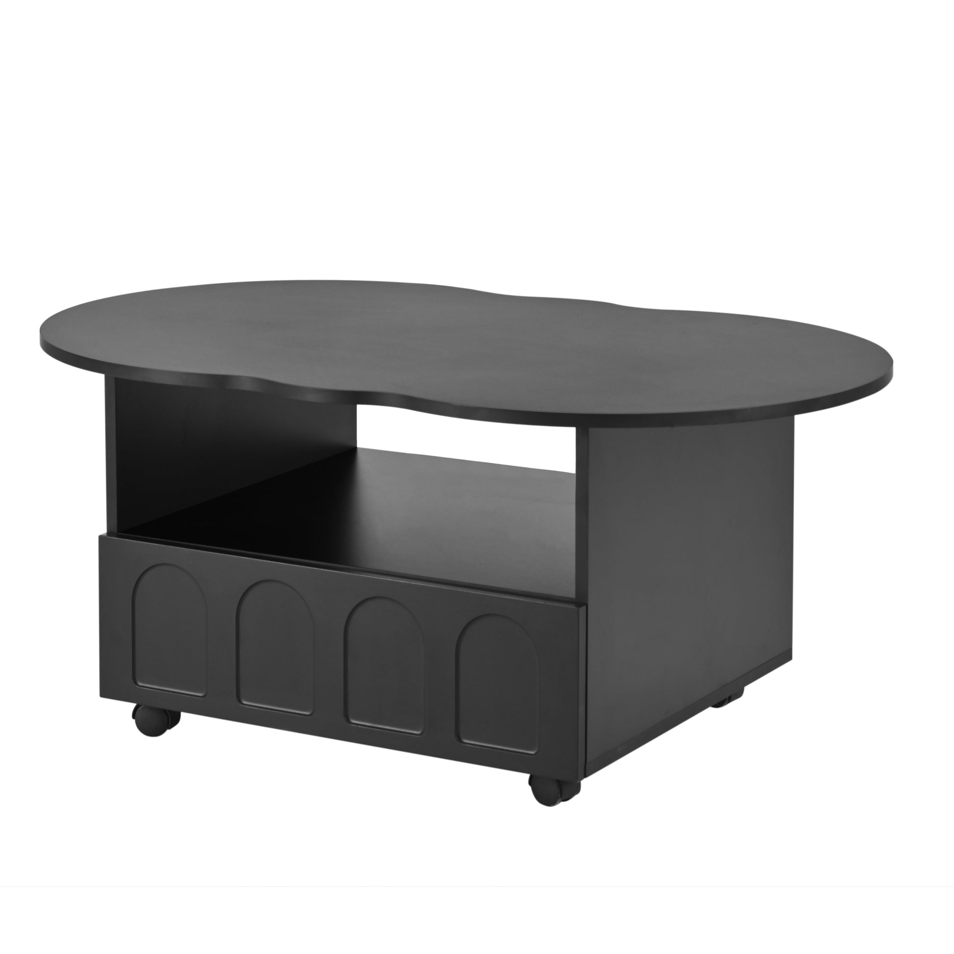 Flexible Cream Style Coffee Table With 2 Brake Wheels, Cloud Top Side Table With Drawer, Irregular Center Table With Large Storage For Living Room, Black, 39.37''X 23.6'' Black Particle Board