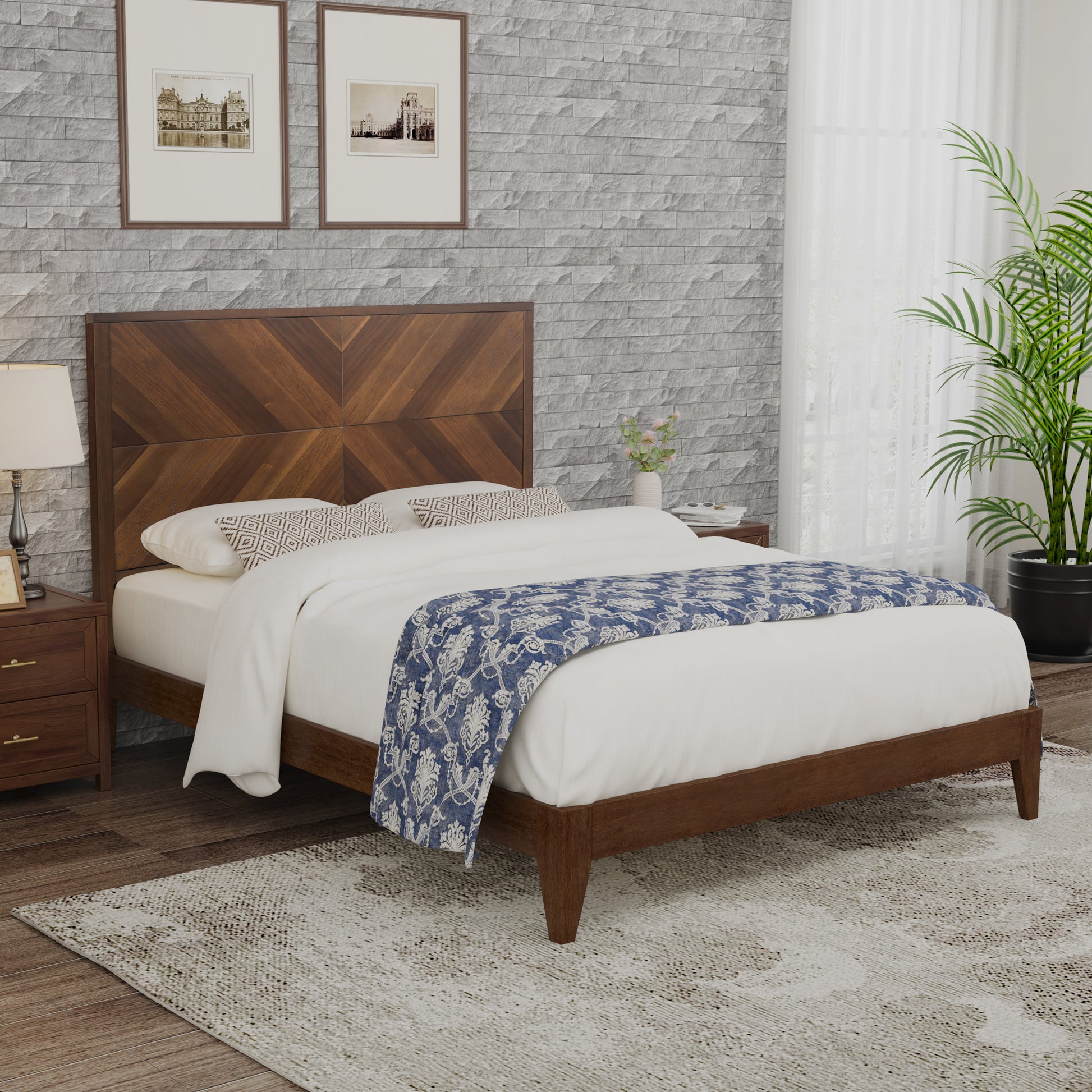 Mid Century Modern Platform Bed Wood Slat Support With No Box Spring Needed,King Walnut Box Spring Not Required King Walnut Wood Bedroom Mid Century Modern Bed Frame Wood