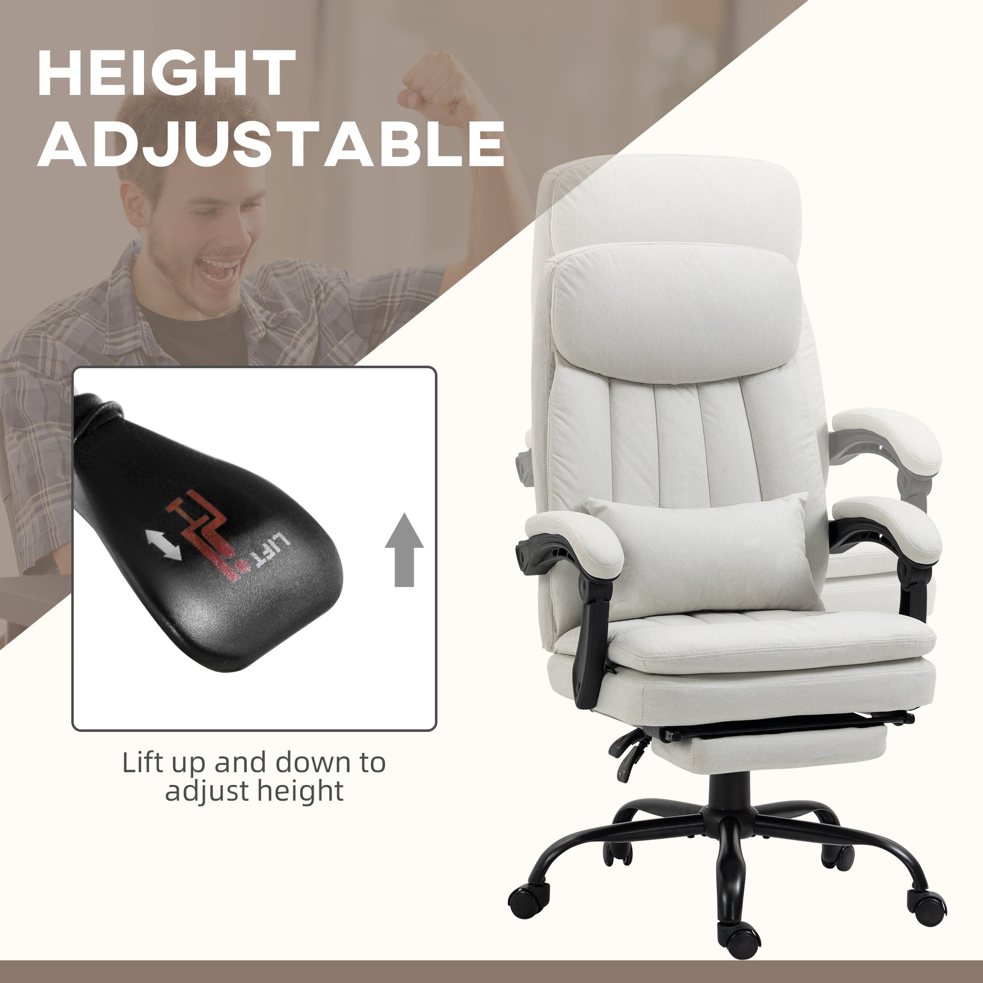 Vinsetto Microfibre Executive Massage Office Chair, Swivel Computer Desk Chair, Heated Reclining Computer Chair With Lumbar Support Pillow, Cream White Cream Polyester