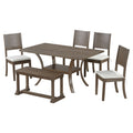 6 Piece Wood Dining Table Set With Storage Shelf And Curved Legs, Kitchen Table Set With Bench And 4 Removable Cushions Dining Chairs, Modern Style, Brown Gray Cushion Wood Dining Room Solid Wood Rubberwood Rectangular Dining Table With Bench Wood Wood