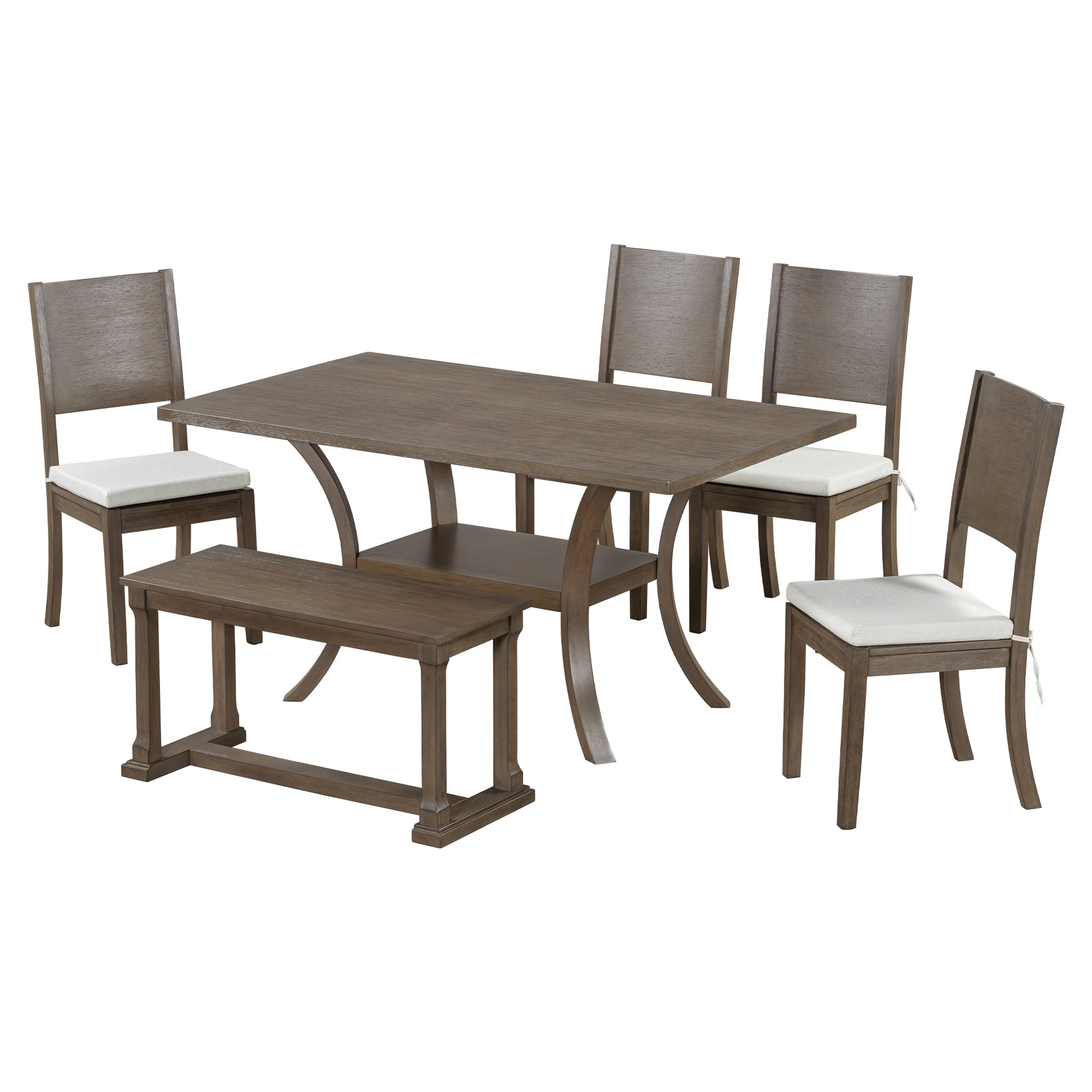 6 Piece Wood Dining Table Set With Storage Shelf And Curved Legs, Kitchen Table Set With Bench And 4 Removable Cushions Dining Chairs, Modern Style, Brown Gray Cushion Wood Dining Room Solid Wood Rubberwood Rectangular Dining Table With Bench Wood Wood