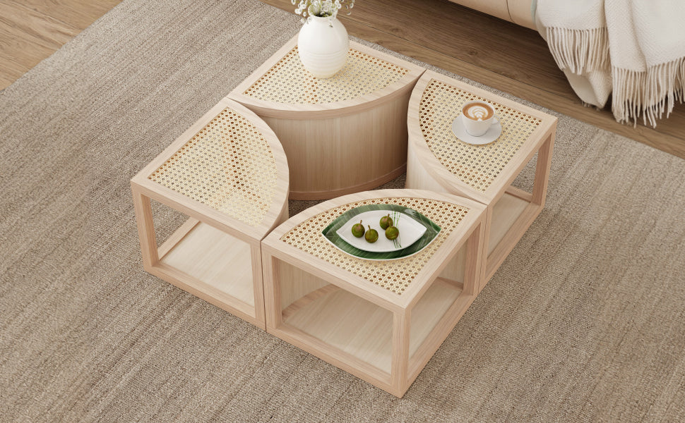 Round To Square Block Modular Coffee Table Light Natural Rattan With Storage 4 Piece Light Natural Rubber Wood