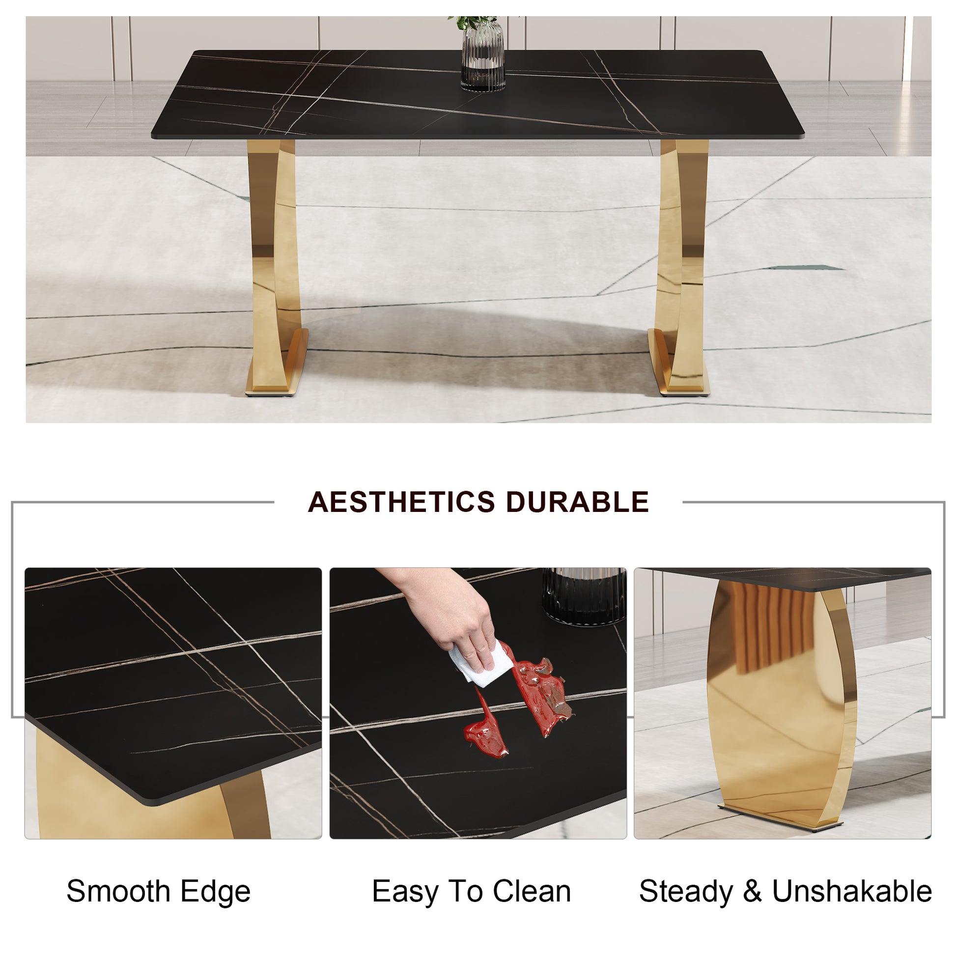 Table And Chair Set,Modern Rectangular Table With 0.4 Inch Black Patterned Tabletop And Gold Legs, Suitable For Kitchen, Dining Room, And Living Roomcomfortable Pu Seats,Perfect For Dinner, Meet White Black Seats 4 Sintered Stone