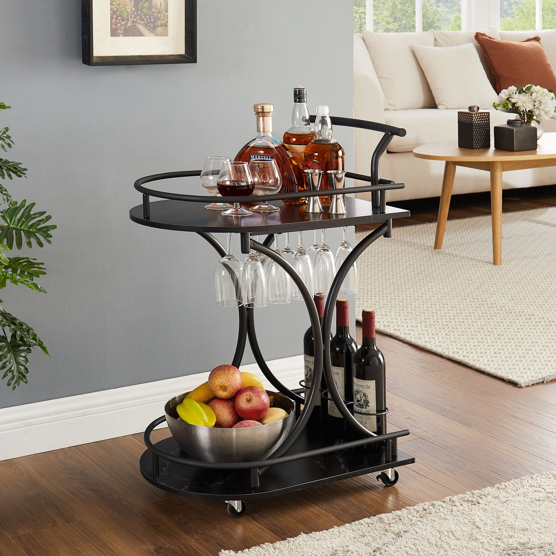 Black 2 Tier Bar Cart, Slide Bar Serving Cart, Retro Style Wine Cart For Kitchen, Beverage Cart With Wine Rack And Glass Holder, Rolling Drink Trolley For Living Room, Dining Room Black Metal Metal & Wood