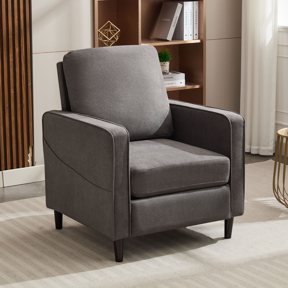 Mid Century Accent Chair ,Modern Linen Fabric Armchair For Living Room,Double Side Pockets, Comfortable And Padded Reading Feature Sofa Chair, Suitable For Bedrooms, Living Rooms, And Offices Dark Grey Linen