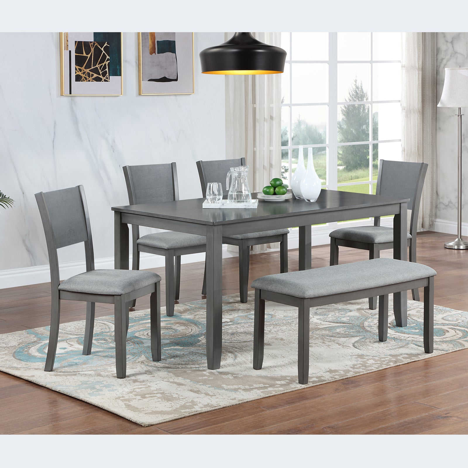 6 Piece Kitchen Dining Set, Rectangular Wooden Dining Table With 4 Upholstered Chairs And A Bench, Dining Table Set For 6 People, Living Room, Home Bar And Kitchen, Gray Wood Gray Seats 6 Wood Dining Room Acacia 4 Leg Rectangular Dining Table With Chair