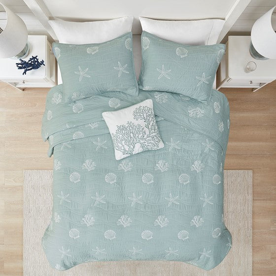 4 Piece Cotton Reversible Embroidered Quilt Set With Throw Pillow Aqua King Cal King King Aqua Cotton