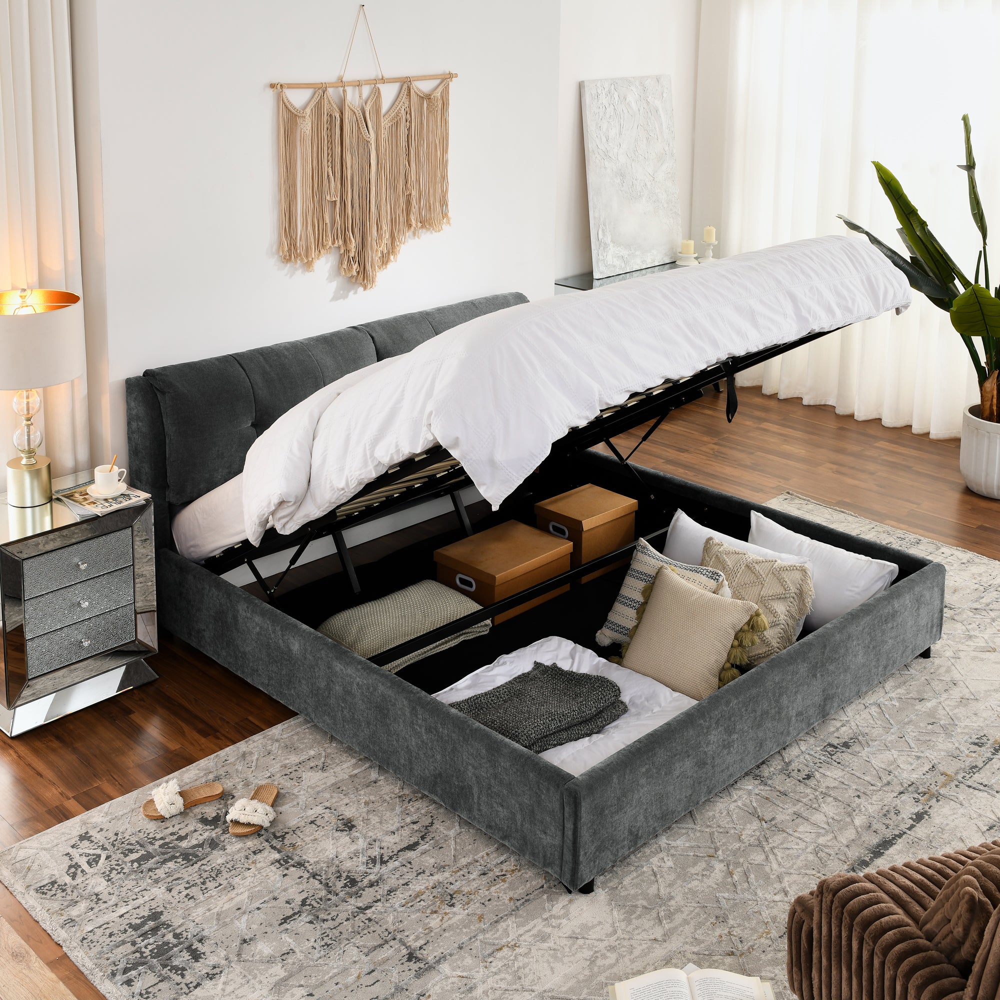 King Size Storage Upholstered Hydraulic Platform Bed With Integrated Headboard, Chenille Fabric, Gray King Gray Bedroom Luxury,Modern Chenille Chenille