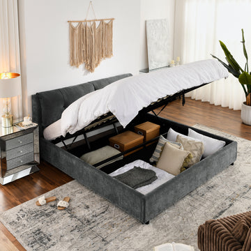 King Size Storage Upholstered Hydraulic Platform Bed With Integrated Headboard, Chenille Fabric, Gray King Gray Bedroom Luxury,Modern Chenille Chenille
