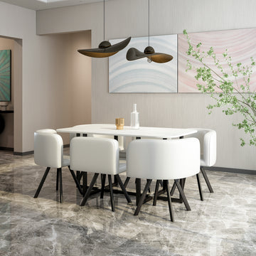 Modern 7 Pieces Dining Table Set, Rectangle Dining Table With 6 Chairs For Dining Room, Kitchen White Pu Leather