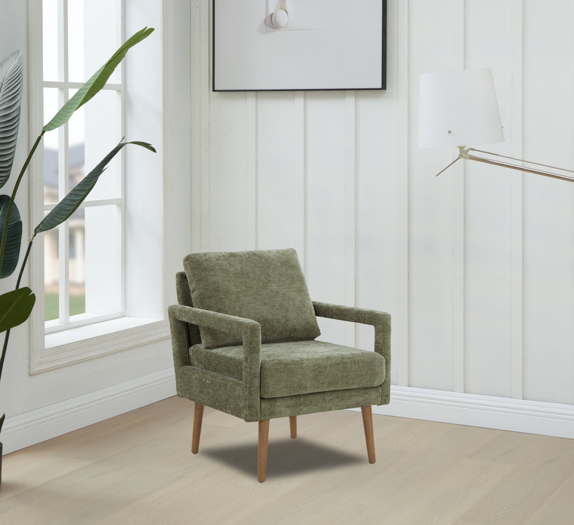 Mid Century Armchairaccent Chair With Chenille Armrest & Soft Cushion For Living Room, Bedroom, Home Office, Study, Forest Green Green Foam Wood Fabric