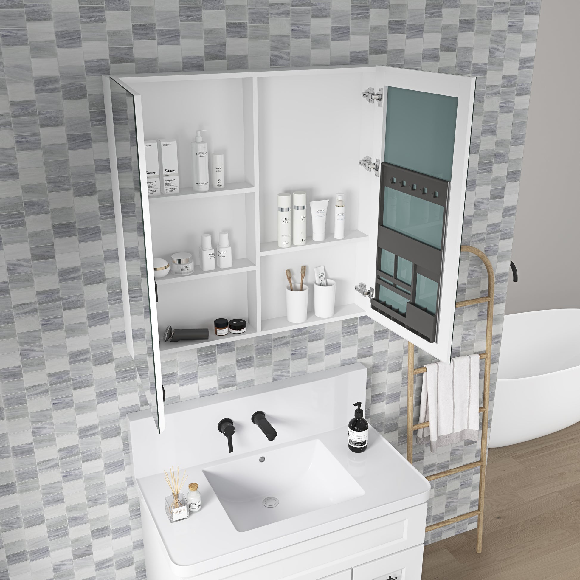 36'' W X 36'' H Bathroom Mirror Medicine Cabinet Wooden Door Medicine Cabinets For Bathroom, Wall Mounted Recessed Or Surface, Bathroom Mirror With Storage White Engineered Wood