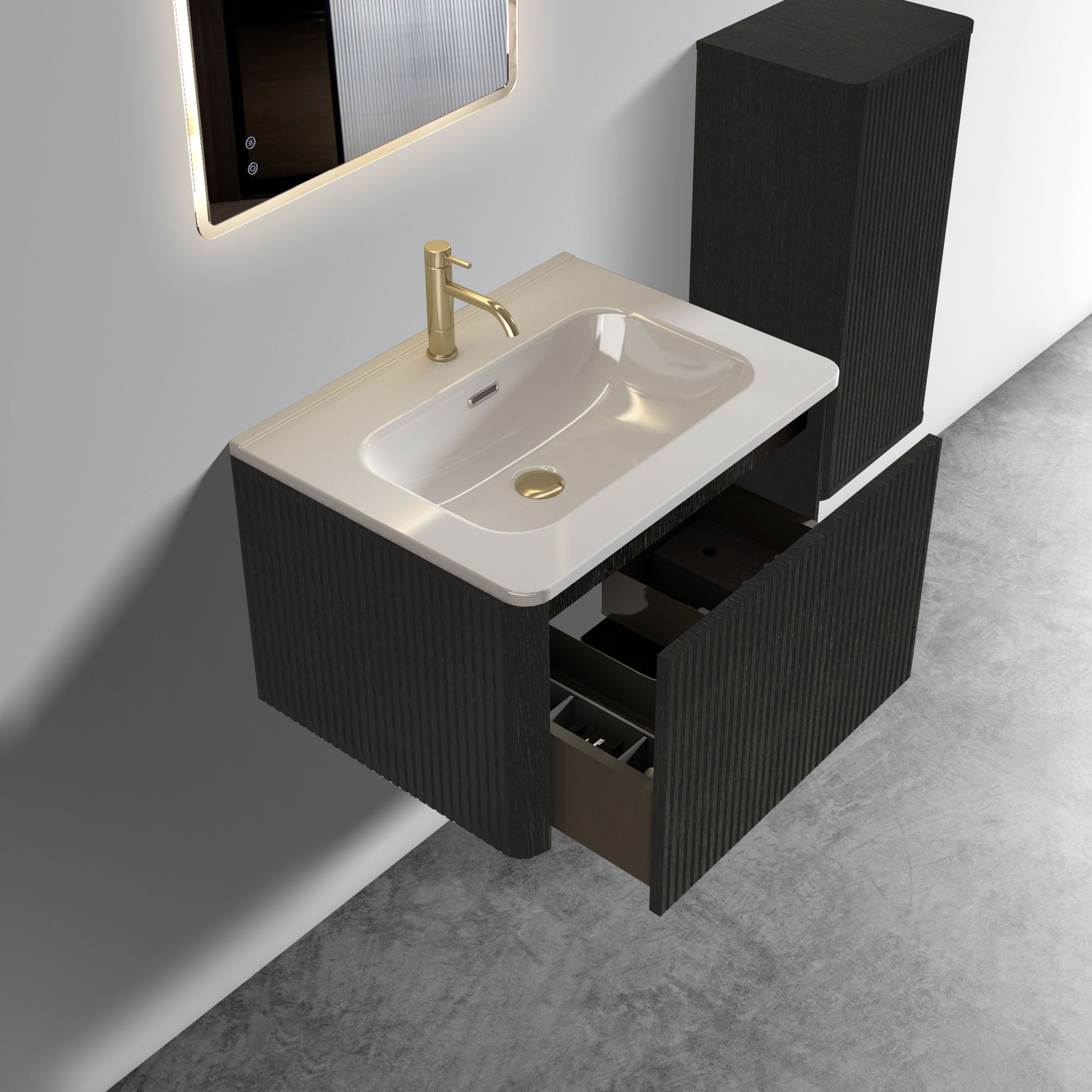 U056 Etna24W 308 Etna 24" Striped Brushed Black Oak Floating Bathroom Vanity With White Ceramic Sink, Bathroom Vanity For Modern Bathroom, One Piece White Sink Basin Without Drain, Pre Assembled