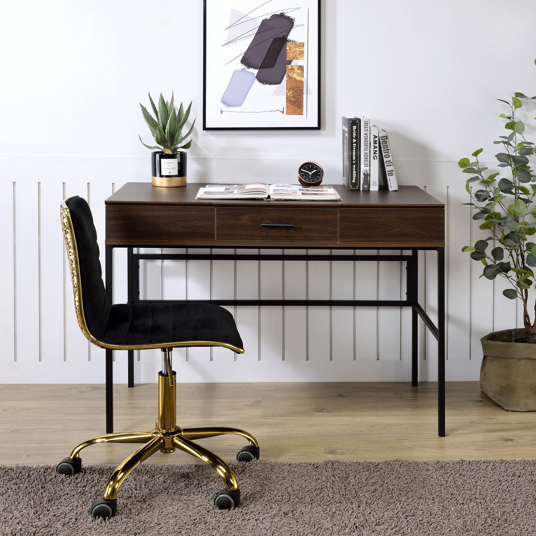 Verster Oak & Black Finish Writing Desk W Usb Black,Oak Metal,Synthetic Wood