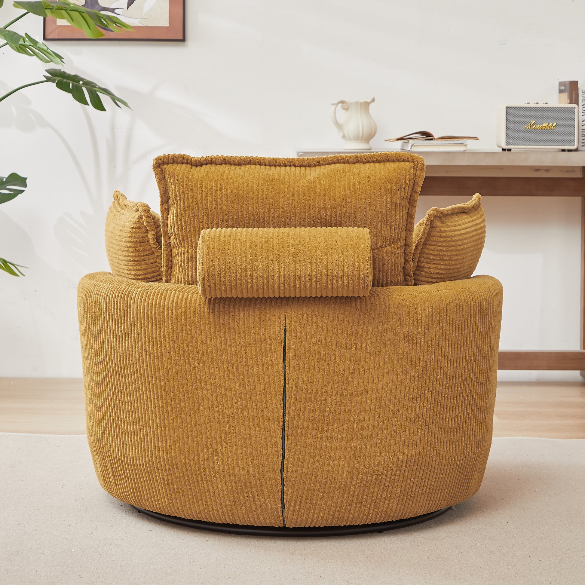 38"W Oversized Swivel Chair With Moon Storage Ottoman For Living Room, Modern Accent Round Loveseat Circle Swivel Barrel Chairs For Bedroom Cuddle Sofa Chair Lounger Armchair, 4 Pillows,Corduroy Yellow Foam Corduroy 1 Seat
