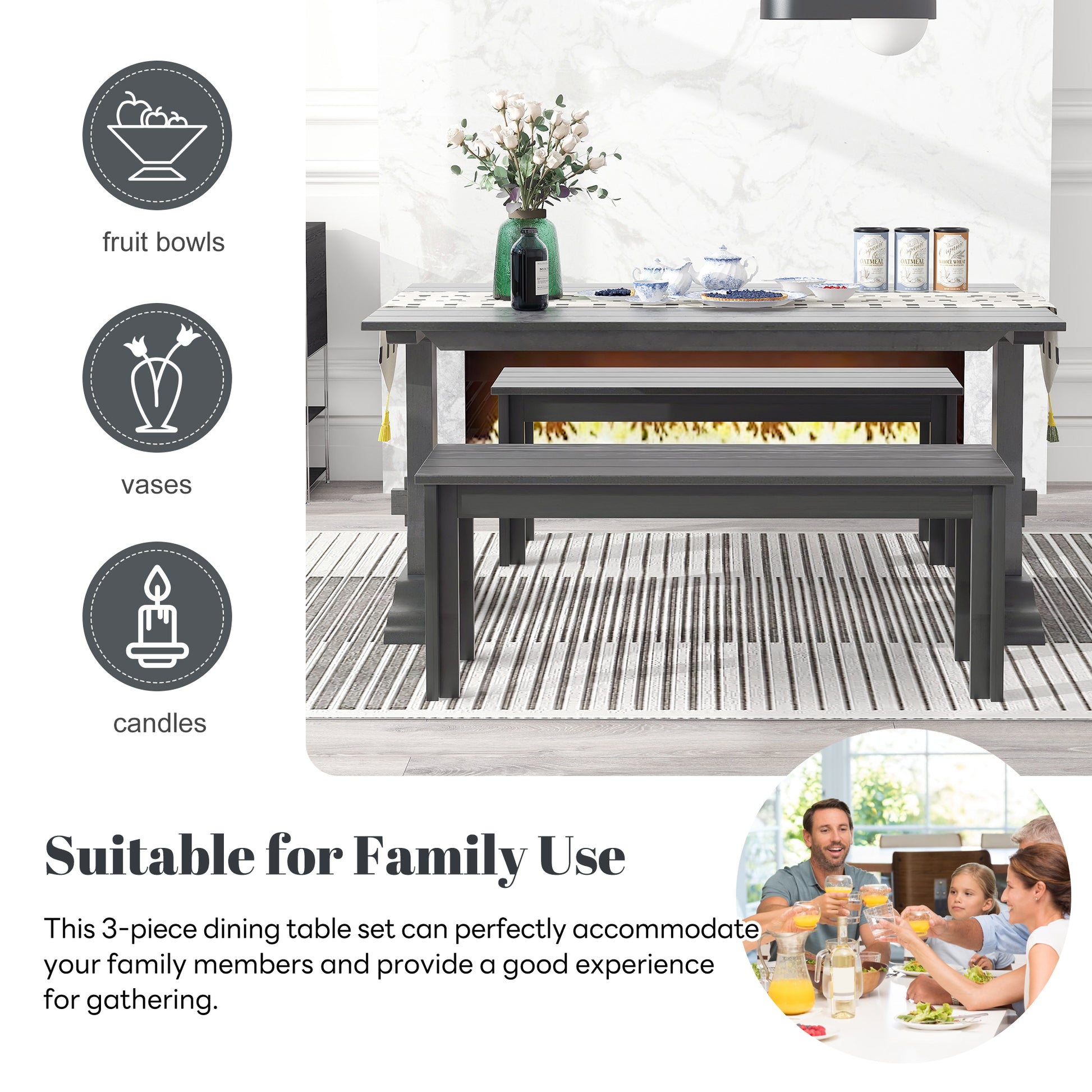 3 Piece Retro Dining Set, Rectangular Trestle Table And 2 Wood Benches For 4 People For Dining Room And Kitchen Grey Grey Solid Wood Mdf