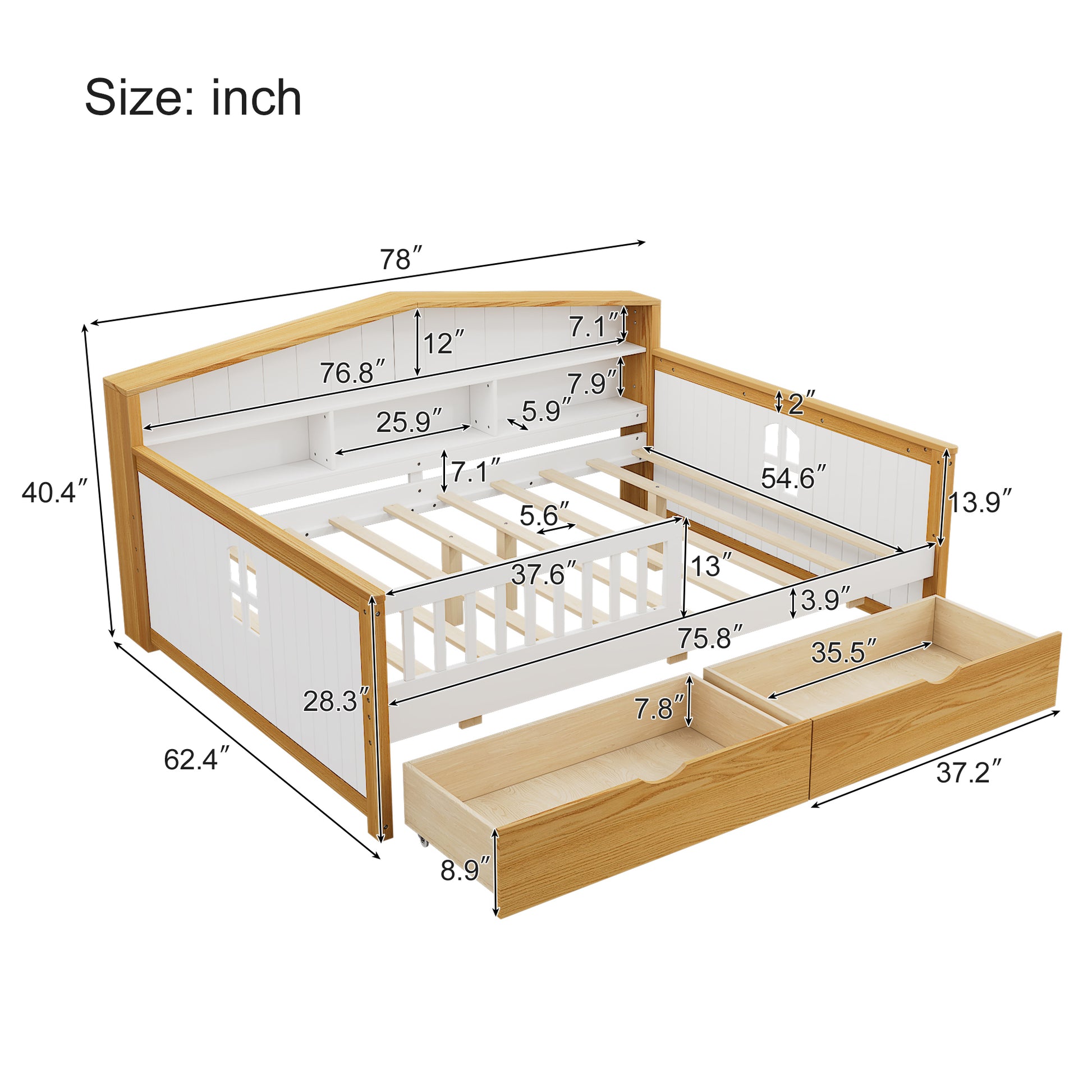 Full Size House Shape Daybed With Two Drawers And Bookcase Headboard Wooden Bed For Girls Boys Teens, No Box Spring Needed, Walnut And White Box Spring Not Required Full White Walnut Wood Bedroom Cute Pine Bed Frame Wood