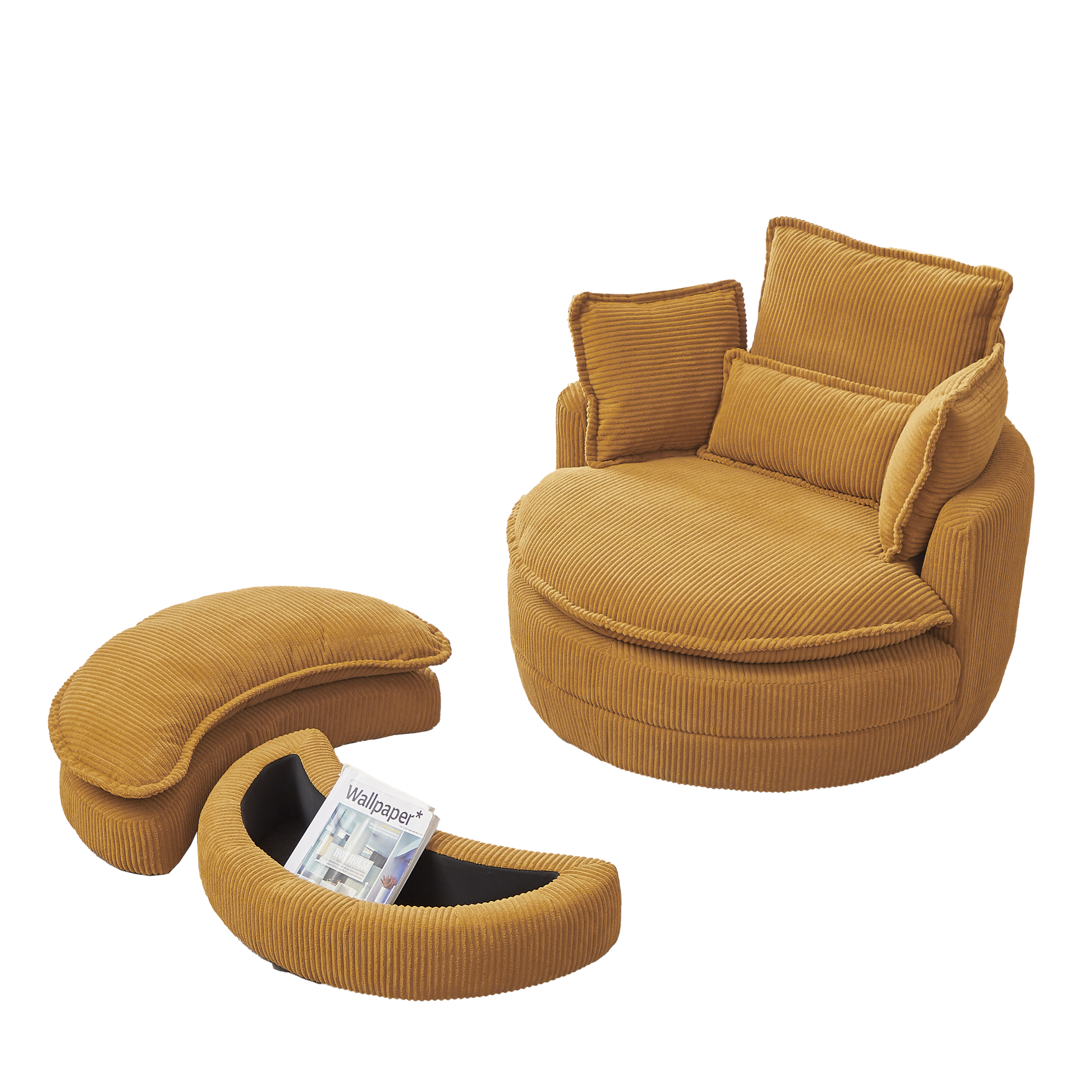 38"W Oversized Swivel Chair With Moon Storage Ottoman For Living Room, Modern Accent Round Loveseat Circle Swivel Barrel Chairs For Bedroom Cuddle Sofa Chair Lounger Armchair, 4 Pillows,Corduroy Yellow Foam Corduroy 1 Seat