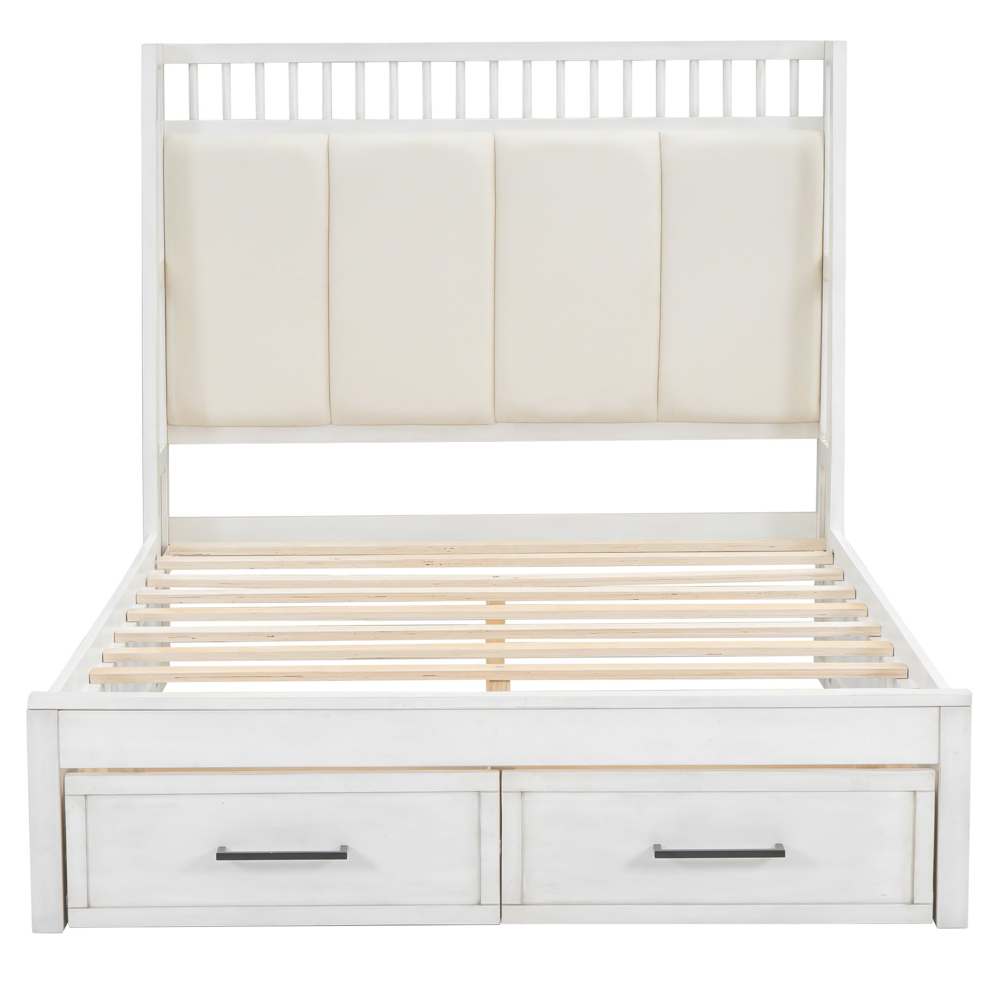 Full Size Wood Platform Bed With Upholstered Headboard And 2 Drawers, White Box Spring Not Required Full White Wood Bed Frame Solid Wood Mdf