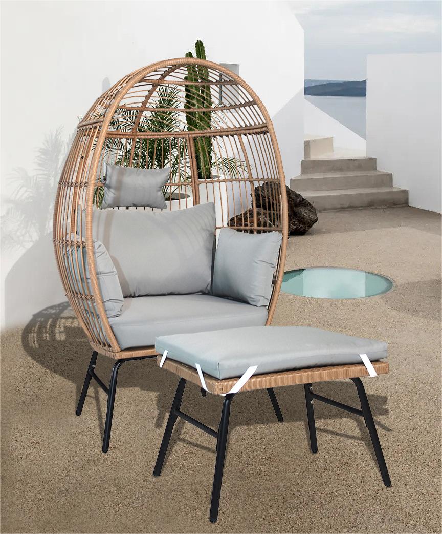 Outdoor Garden Wicker Egg Chair And Footstool Patio Chaise, With Cushions, Outdoor Indoor Basket Chair Yes Blue Neutral Seats 2 Garden & Outdoor European,Modern Steel