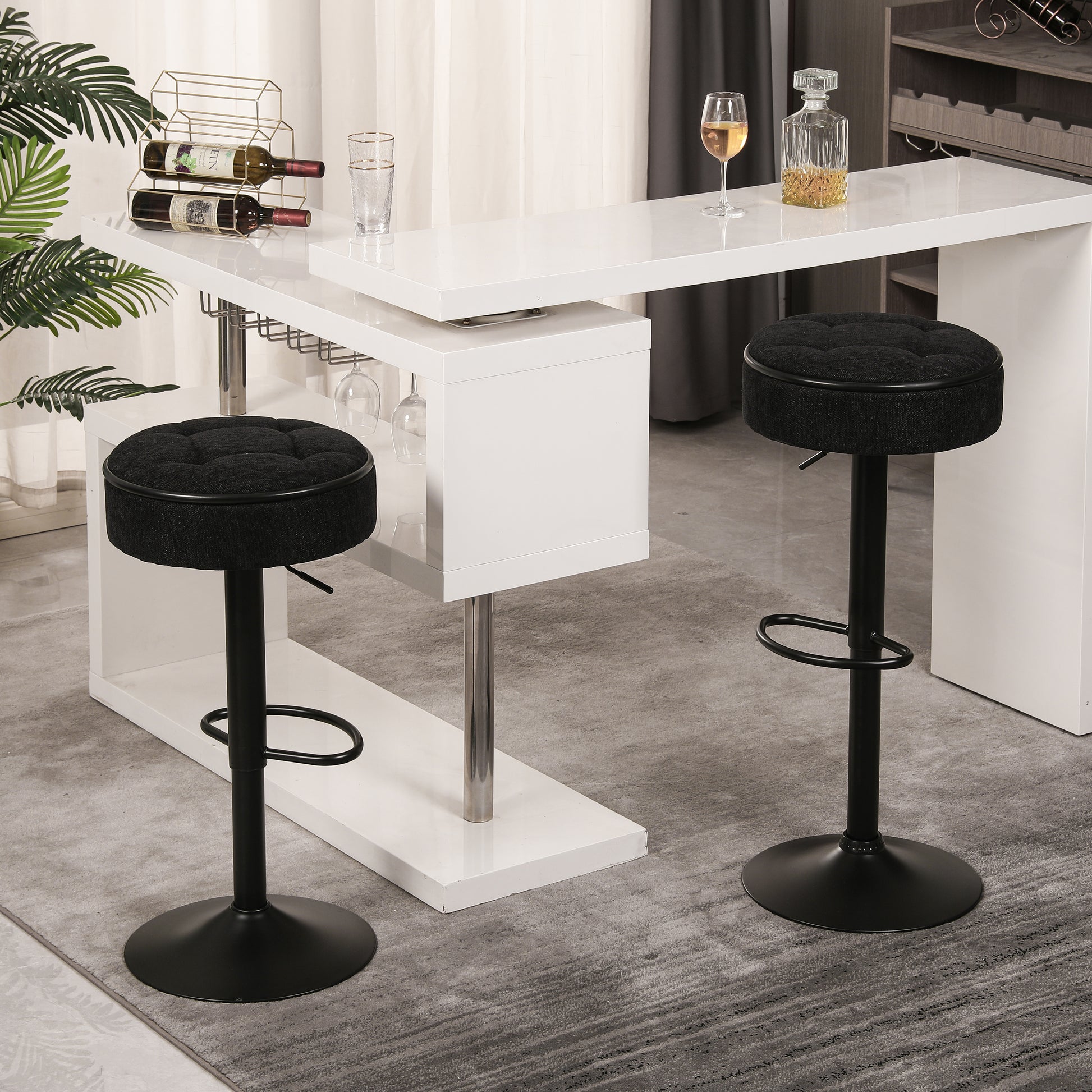 Round Storage Bar Stool Set Of 2, Black Linen Height Adjustable Barstool, 360 Counter Height Swivel Stool, Armless Bar Chair With Metal Frame For Kitchen Counter Dining Living Room Black Set Of 2 Foam Linen