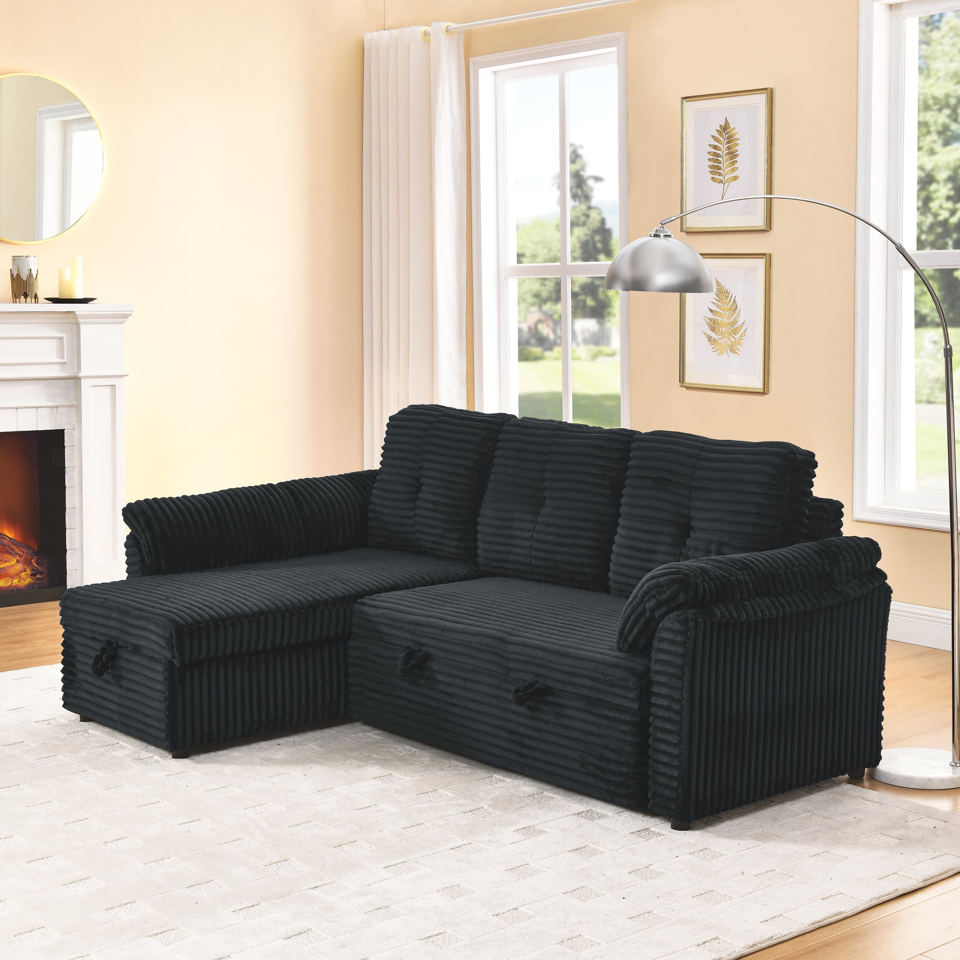 Corduroy Tufted Upholstered Sleeper Sectional Sofa, L Shaped Modular Convertible Sofa With Reversible Storage Chaise, Pull Out Sleep Couch Bed And Reclining Backrest Perfect For Living Space, Black Full Black Corduroy