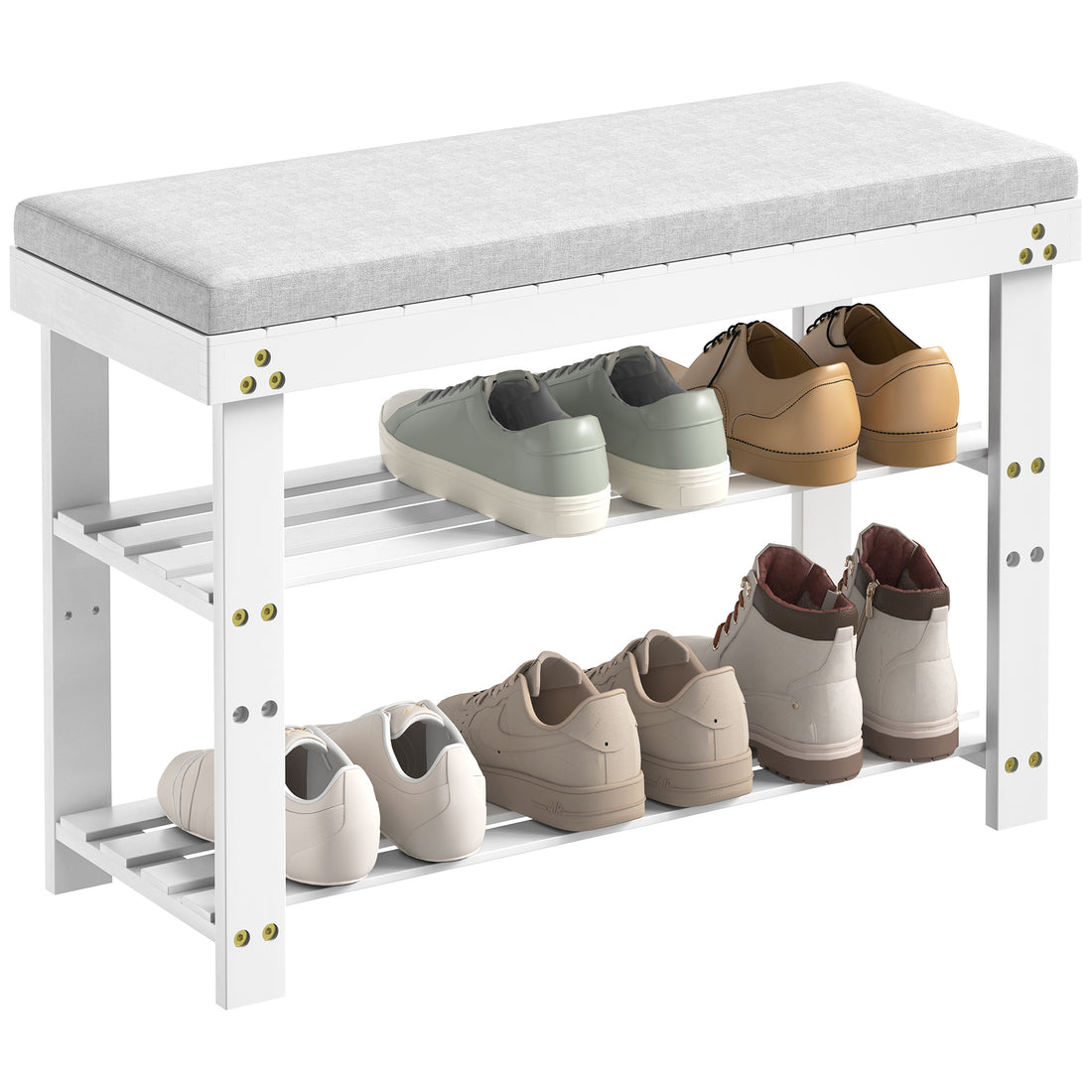 Bamboo Shoe Bench, 3 Tier Shoe Rack, Entryway Bench With Cushion And Adjustable Shelves, Shoe Rack For Entryway, Hallway, Mudroom And Living Room, White White Bamboo
