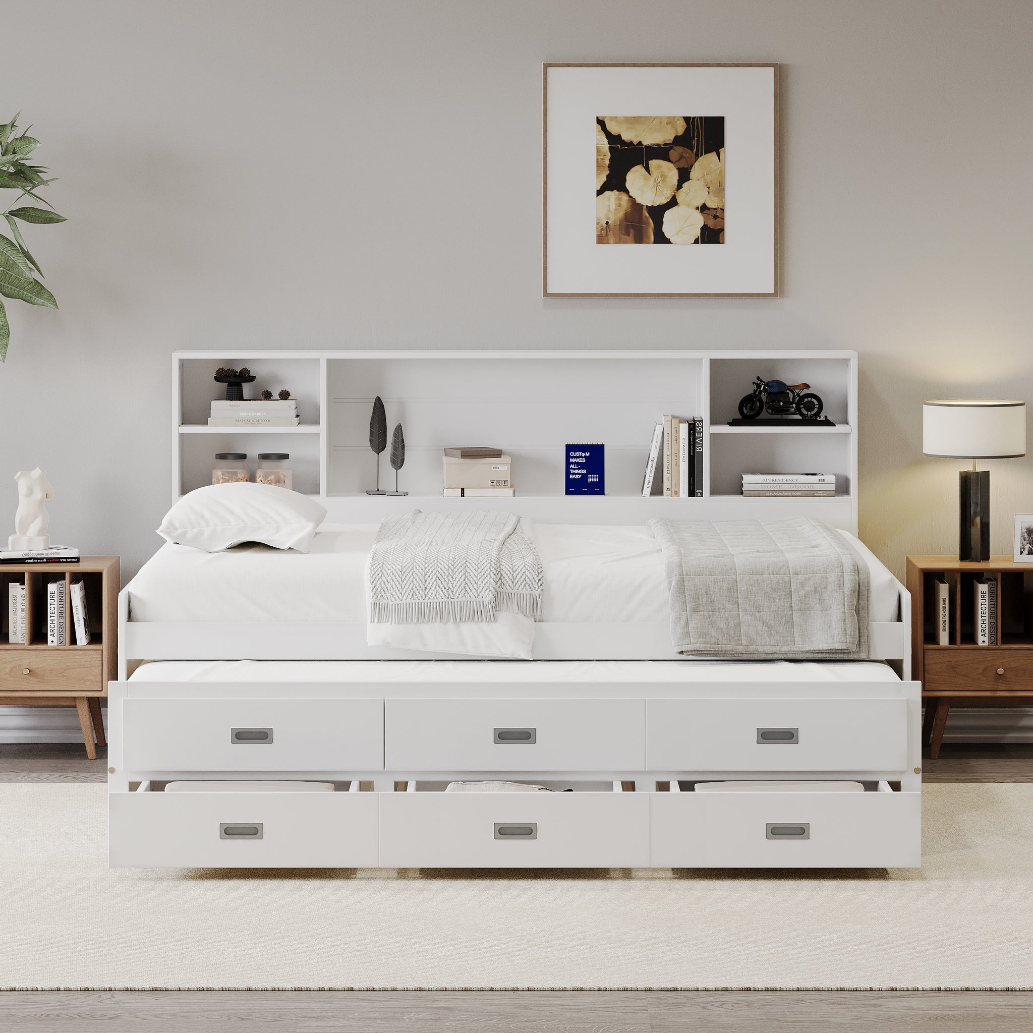 Twin Size Captain Daybed With Storage Bookcase Headboard,Captain Bed With Trundle And Three Storage Drawers For Kids Teens Dorm Bedroom Multipurpose Guest Room Or Home, White Box Spring Not Required