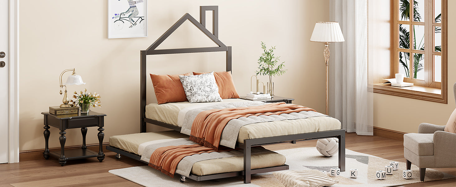 Twin Size Metal Platform Bed With Twin Size Trundle,House Shaped Headboard Design, Black Twin Black Metal