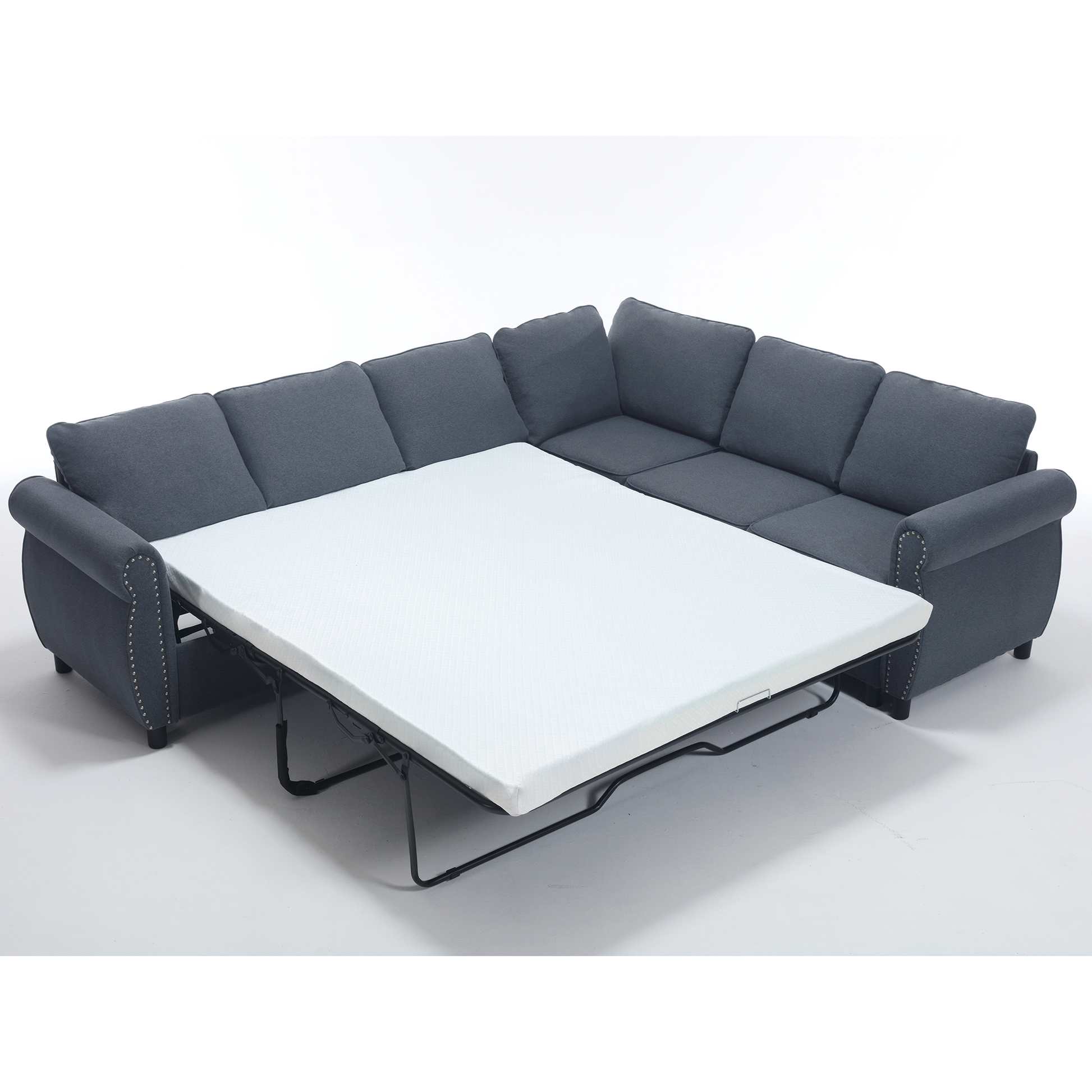 Arrived Sleeper Sofa, 2 In 1 Pull Out Couch Bed,6 Seater Sofa Bed, L Shaped Sleeper Sectional Sofa Couch,Riveted Sofa,104'' Large Combined Sofa Bed In Living Room, Dark Gray Gray Polyester Wood Primary Living Space Medium Soft Cushion Back Modern