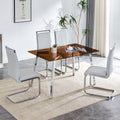 1 Table And 4 Chairs, Brown Tempered Glass Tabletop And Silver Metal Legs, Modern Minimalist Style Rectangular Glass Dining Table, Paired With 4 Modern Silver Metal Leg Chairs. 1123C 1162 Brown Seats 4 Glass
