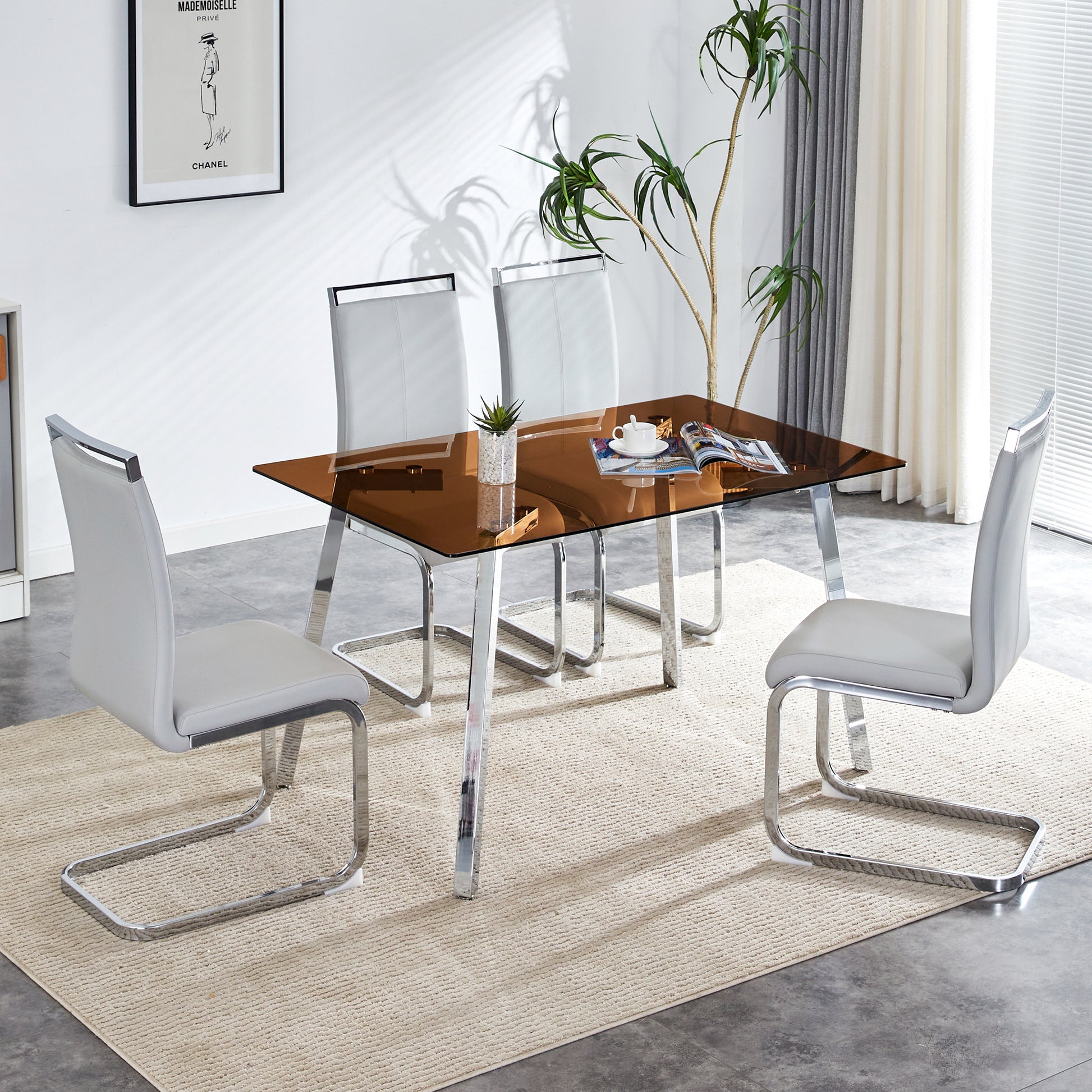 1 Table And 4 Chairs, Brown Tempered Glass Tabletop And Silver Metal Legs, Modern Minimalist Style Rectangular Glass Dining Table, Paired With 4 Modern Silver Metal Leg Chairs. 1123C 1162 Brown Seats 4 Glass