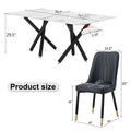 1 Table And 8 Chairs. A Rectangular Dining Table With A White Imitation Marble Tabletop And Black Metal Legs. Paired With 8 Chairs, Equipped With Pu Leather Seat Cushions And Black Metal Legs. F 1538 Black Glass Metal