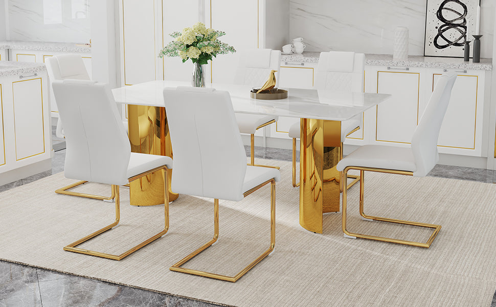 Table And Chair Set.The Table Has A Glass Tabletop With Imitation Marble Pattern Stickers And Stainless Steel Golden Table Legs. Paried With Comfortable Chairs With Pu Seats And Metal Legs. White Gold Seats 6 Glass Metal