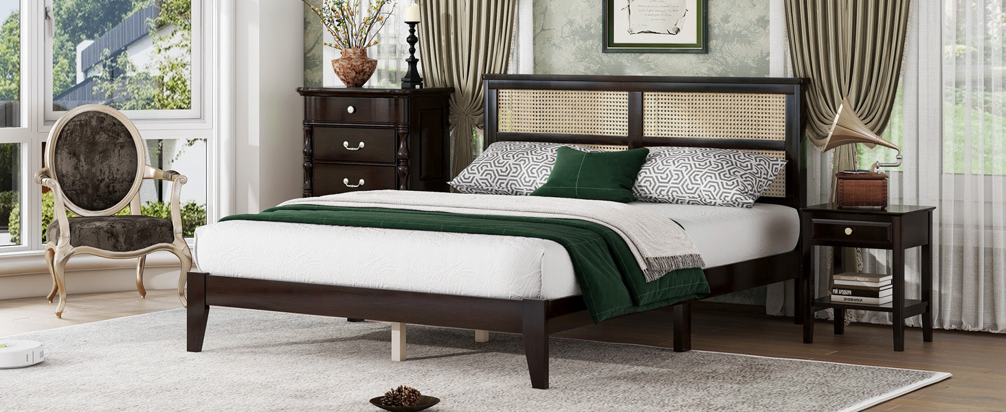 Queen Size Rubber Wooden, Solid Wooden Bed With Rattan Headboard, Enhanced By Support Feet,Espresso Queen Espresso Rubber Wood