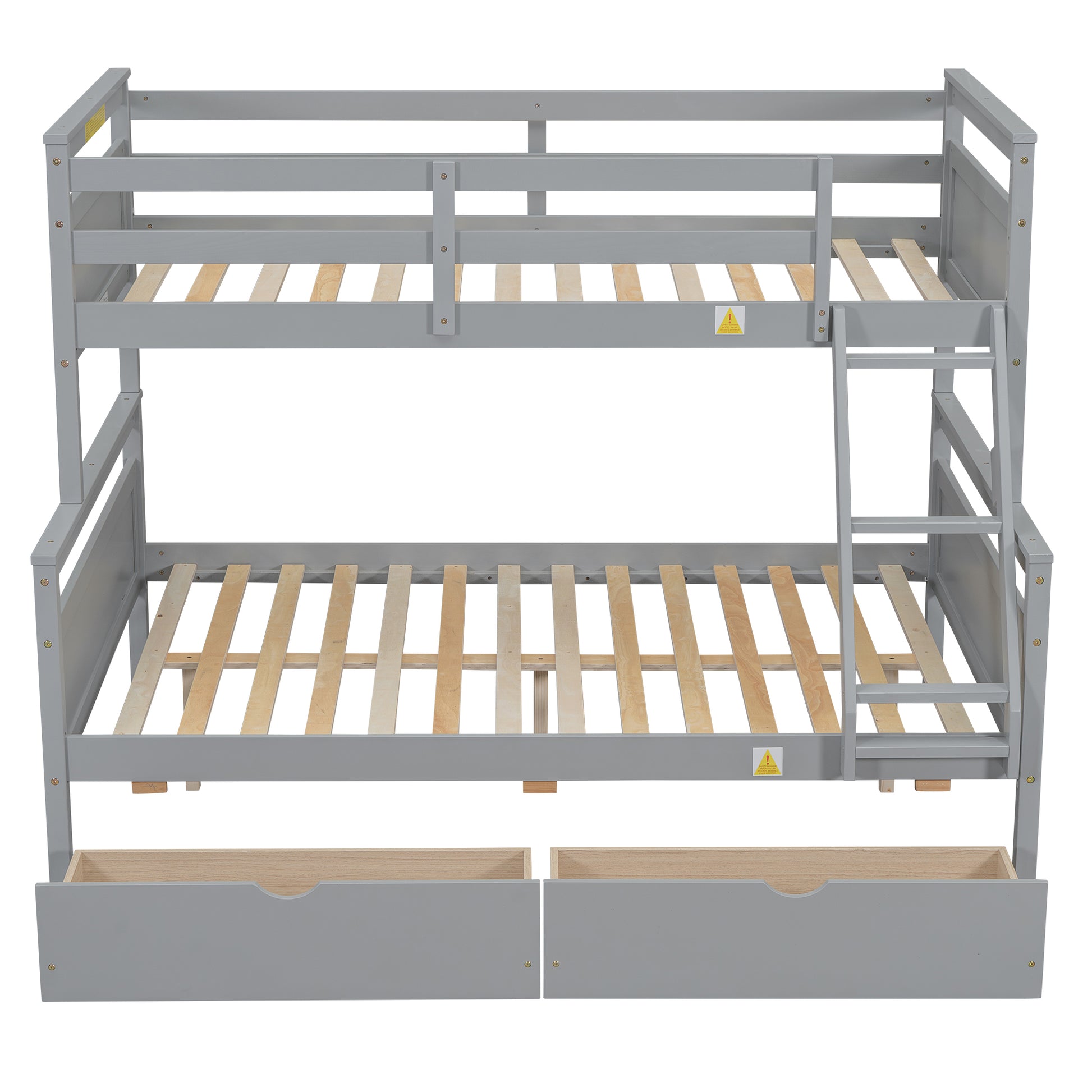 Twin Over Full Bunk Bed With Ladder, Two Storage Drawers, Safety Guardrail, Gray Box Spring Not Required Twin Gray Wood Bedroom Bunk Pine