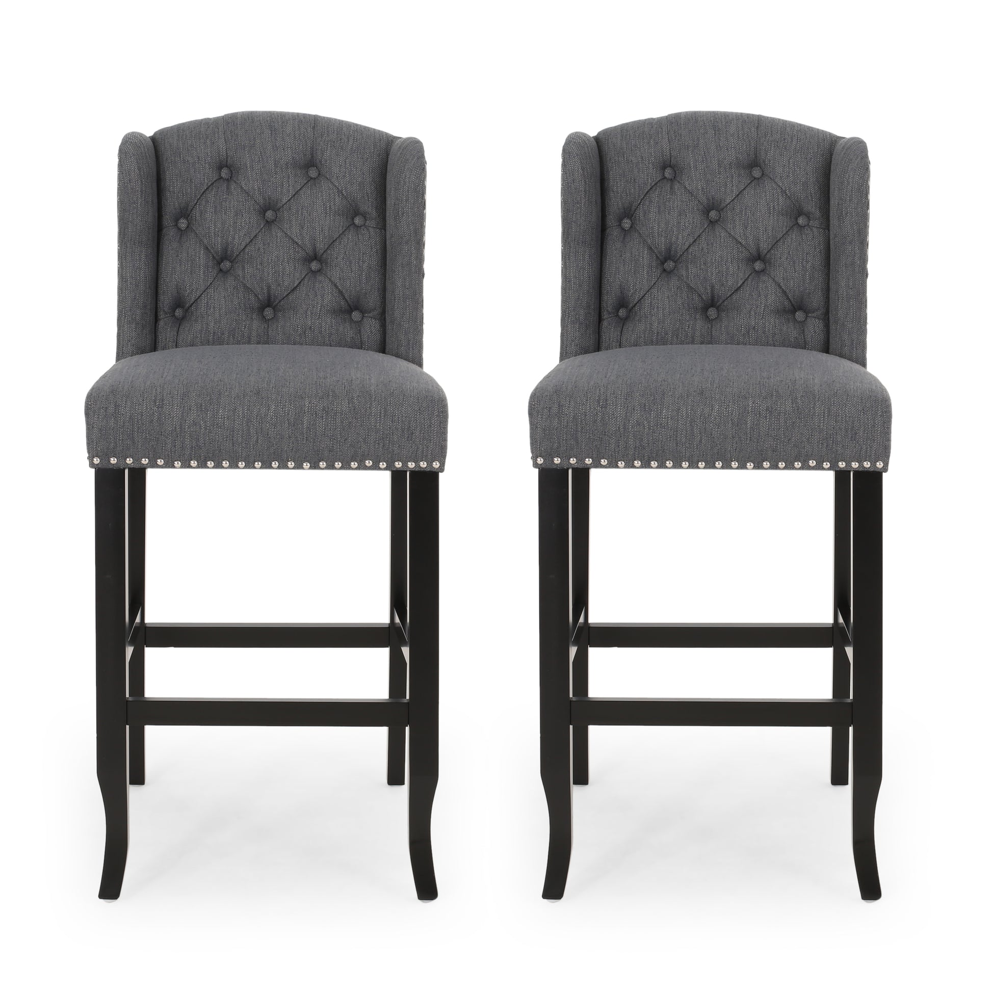 Vienna Contemporary Fabric Tufted Wingback 31 Inch Counter Stools, Set Of 2, Charcoal And Dark Brown Charcoal Fabric