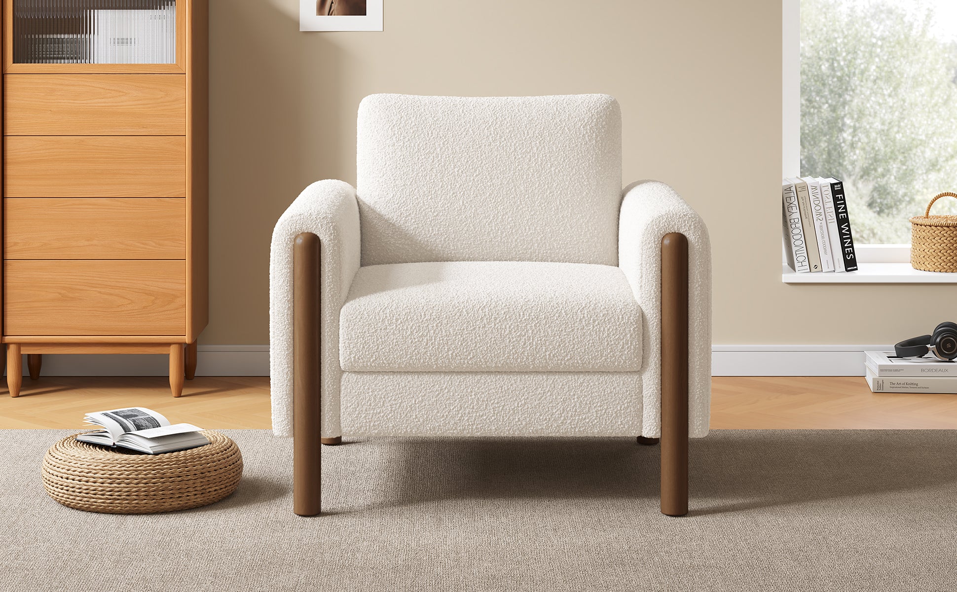 Oversized Accent Chair, Upholstered Living Room Chairs Single Sofa Chair With Walnut Legs, Curved Handrail, White White Teddy