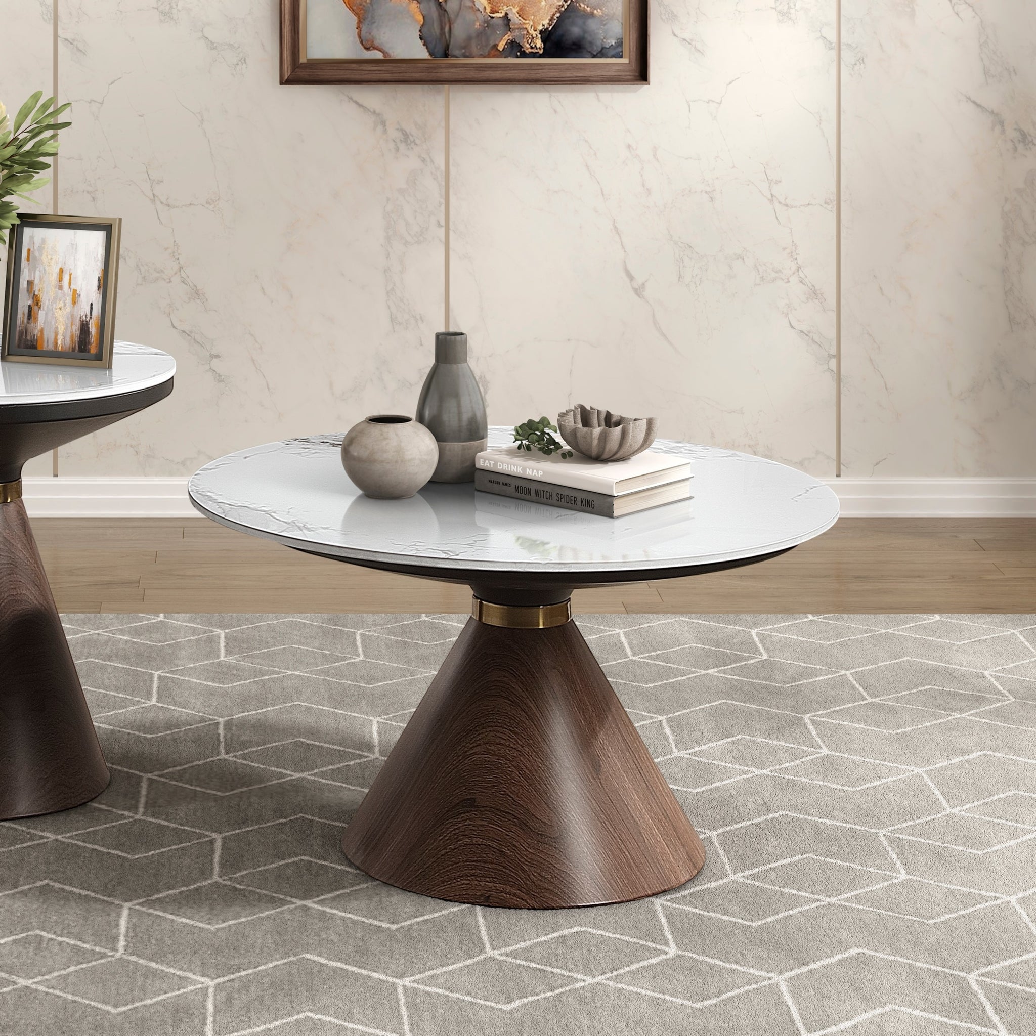 Luxury Living Room Furniture 1Pc Cocktail Table White Sintered Stone Top Decorative Oak Finish Wood With Gold Tone Metal Band Oak Primary Living Space Luxury,Modern Round Coffee & End Tables