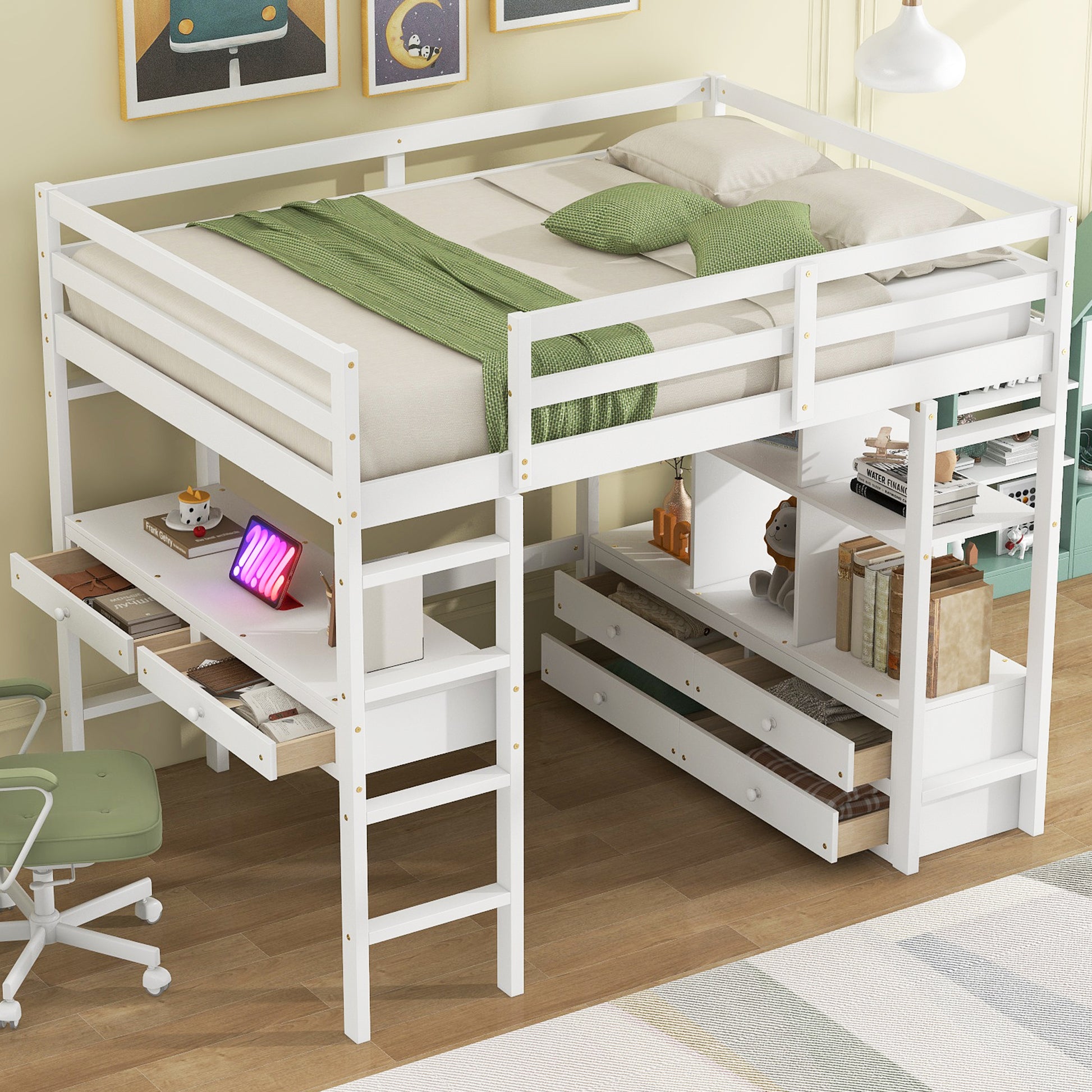 Full Size Loft Bed With Built In Desk With Two Drawers, And Storage Shelves And Drawers,White Old Sku:Gx000320Aak 1 Box Spring Not Required Full White Wood Bedroom Pine