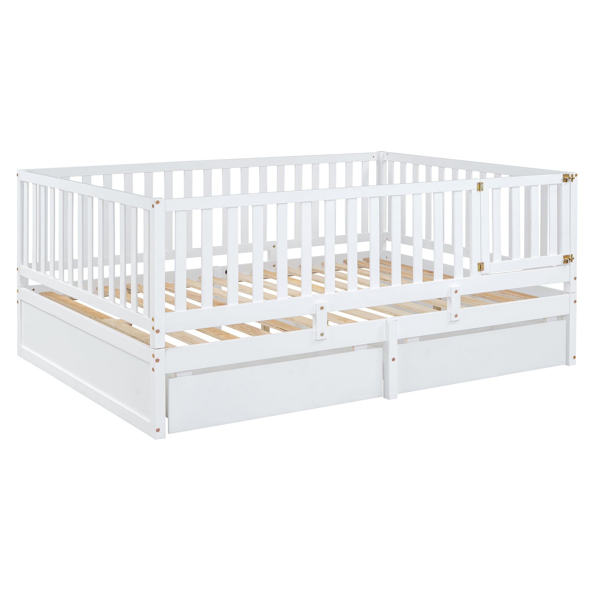 Full Size Wood Daybed With Fence Guardrails And 2 Drawers, Split Into Independent Floor Bed & Daybed, White Old Sku :Lp000882Aak Full White Solid Wood Mdf