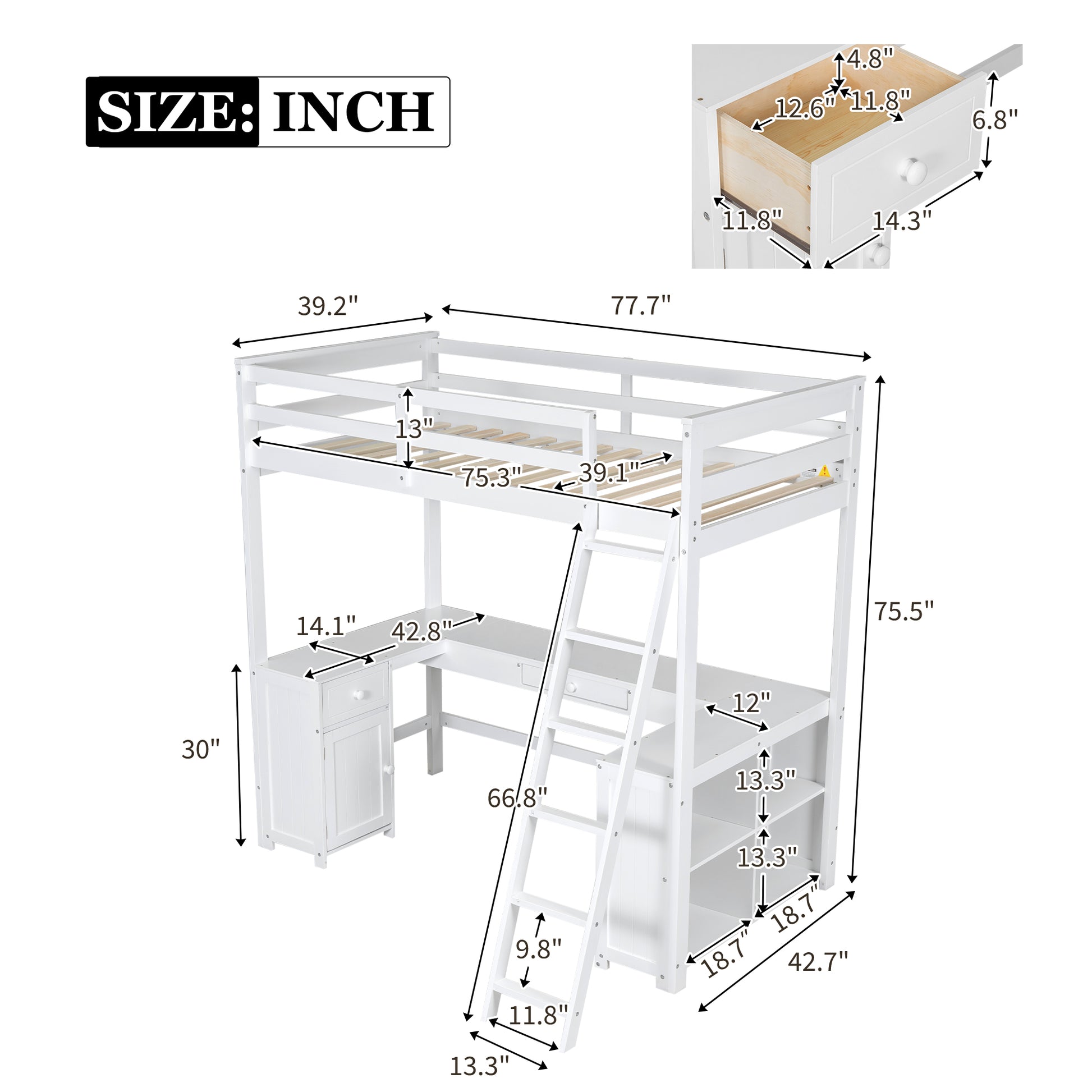 Twin Size Loft Bed With U Shaped Desk, Drawers And Storage Shelves, White Box Spring Not Required Twin White Wood Bedroom Solid Wood Mdf