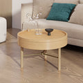 Modern Round Wood Rotating Tray Coffee Table With Storage & Metal Legs In Natural Natural Metal,Rubber Wood