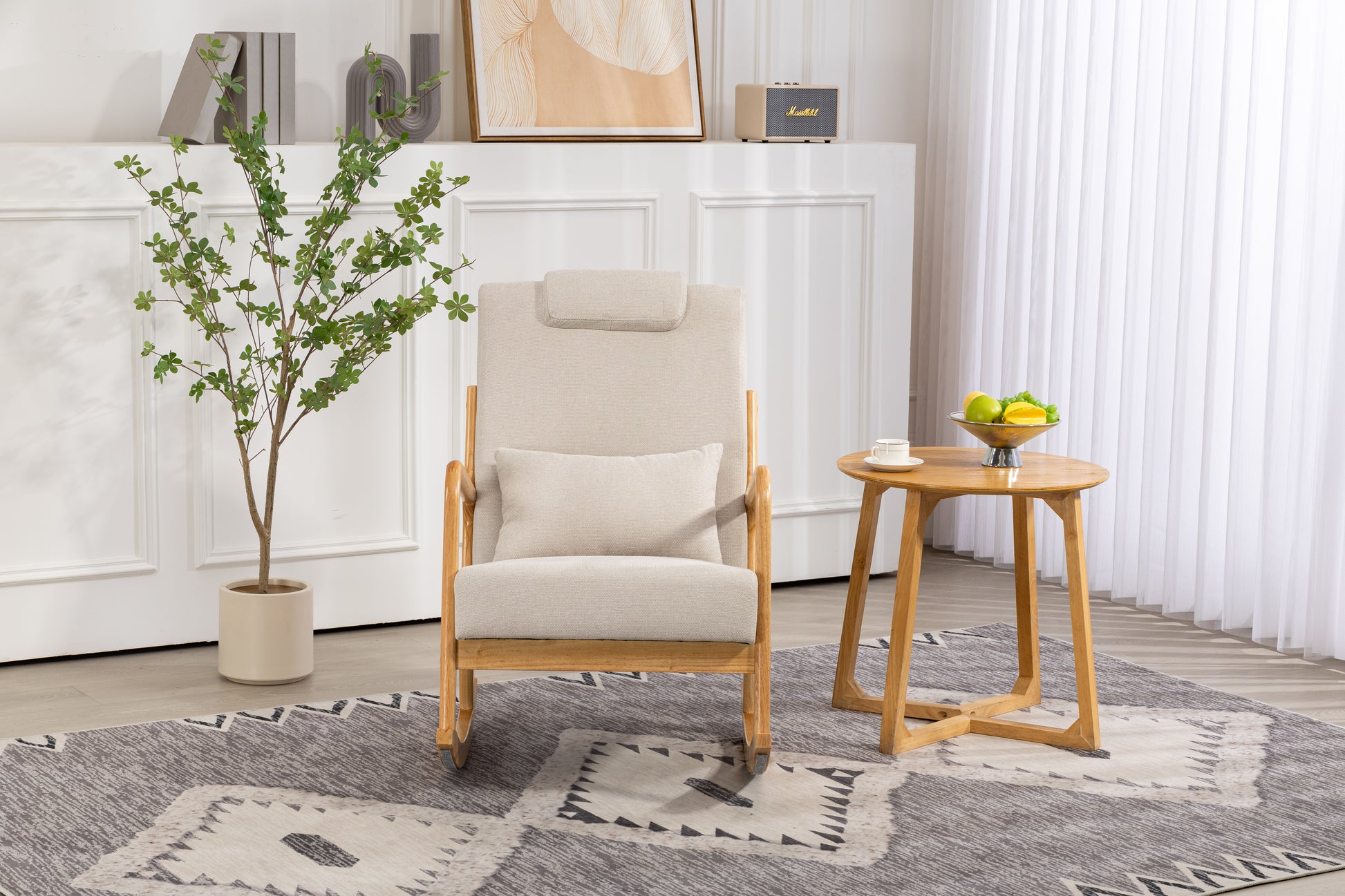 Rocking Chair Upholstered Fabric Rocking Armchair Indoor With High Backrest Glider Chairs And Lumbar Pillow For Living Room Beige Linen