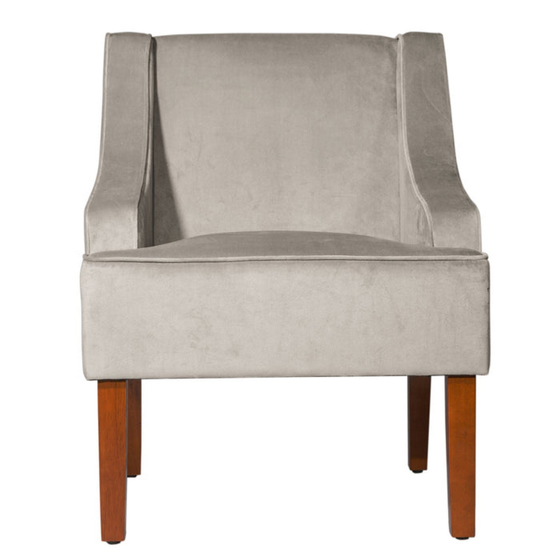 Velvet Fabric Upholstered Wooden Accent Chair With Swooping Armrests, Gray And Brown Light Gray Wood Fabric