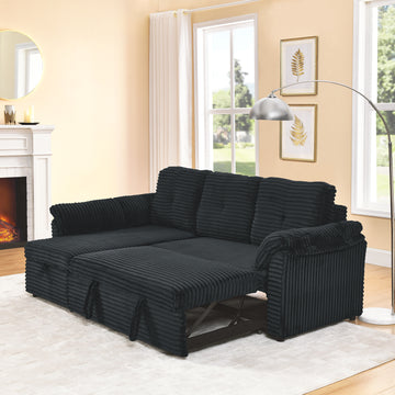 Corduroy Tufted Upholstered Sleeper Sectional Sofa, L Shaped Modular Convertible Sofa With Reversible Storage Chaise, Pull Out Sleep Couch Bed And Reclining Backrest Perfect For Living Space, Black Full Black Corduroy