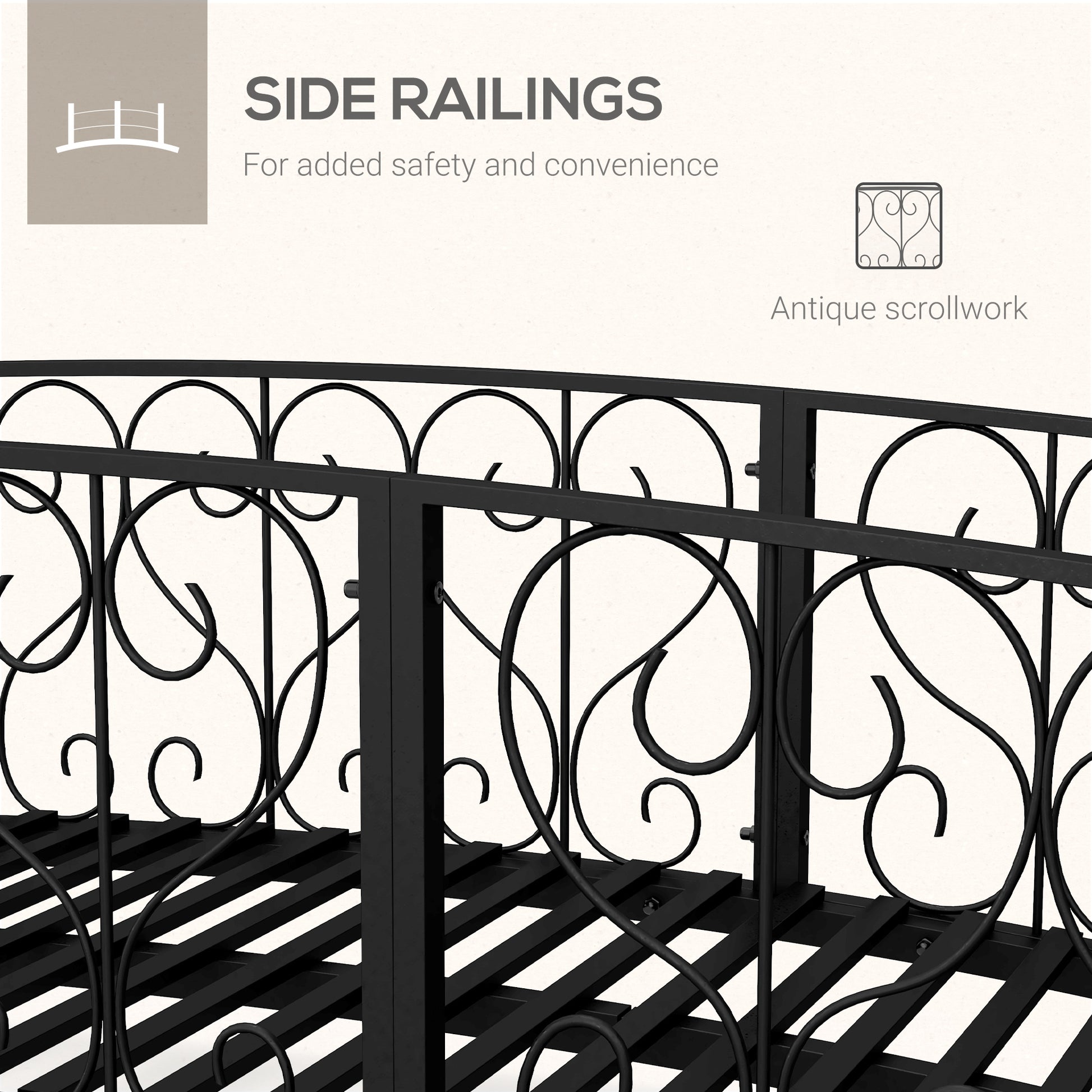 Outsunny 7' Metal Arch Garden Bridge With Safety Siderails, Decorative Arc Footbridge With Delicate Scrollwork "S" Motifs For Backyard Creek, Stream, Fish Pond, Black Black Steel