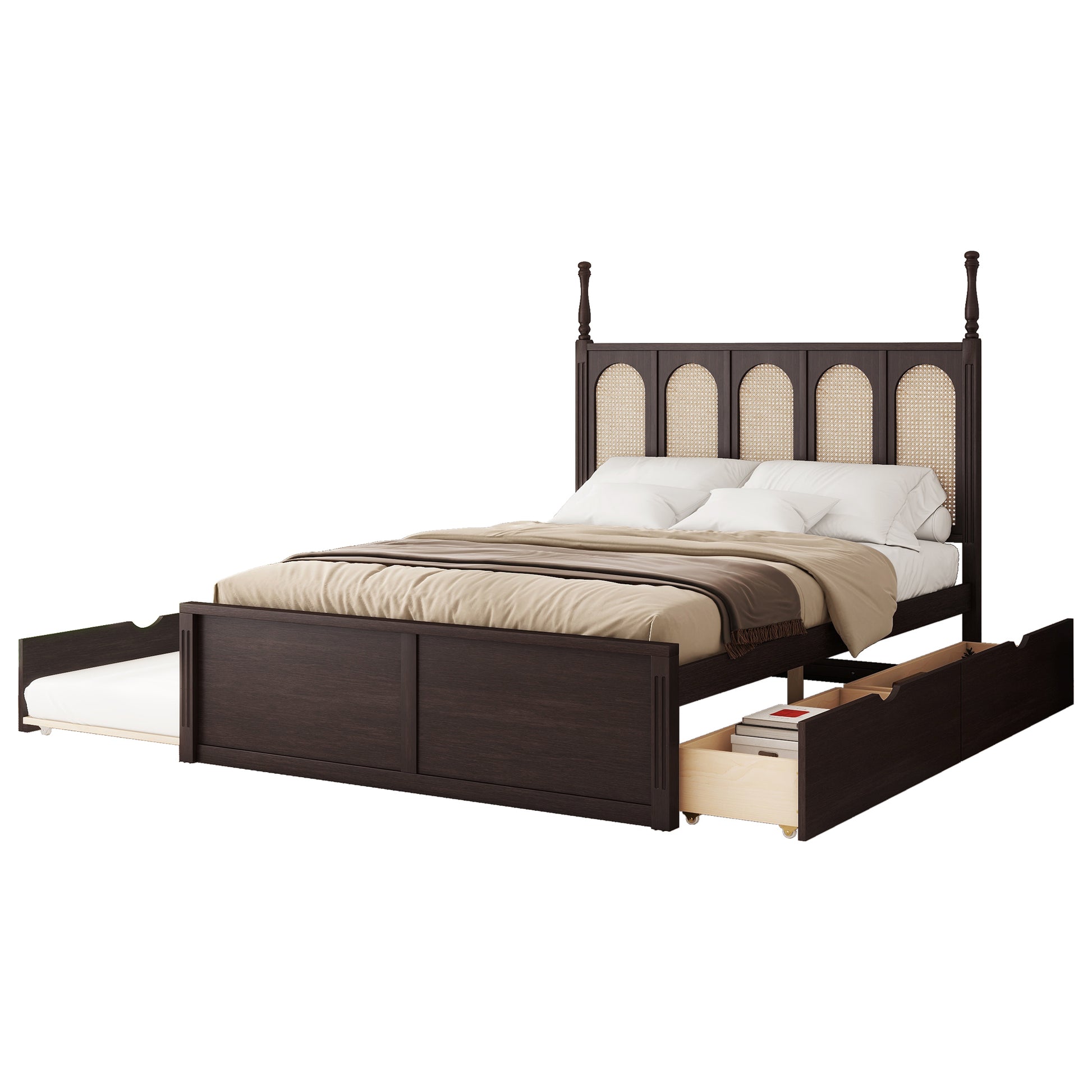 Queen Size Rattan Platform Bed With With 2 Big Drawers, T Size Trundle, Espresso Queen Espresso Plywood