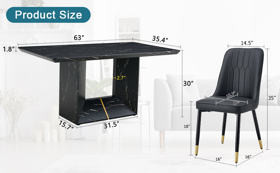Table And Chair Set.This Modern Dining Table With Mdf Marbled Design Gives You A Luxurious And Elegant Feel.Paired With Multiple Chairs With Pu Artificial Leather Backrest Cushions And Black Legs. Black Seats 4 Mdf
